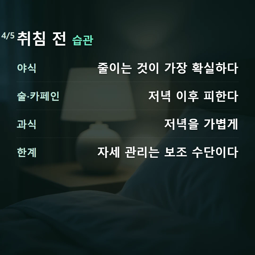 취침 전 습관 — 야식 줄이는 것이 가장 확실하다, 술·카페인 저녁 이후 피한다, 과식 저녁을 가볍게, 한계 자세 관리는 보조 수단이다