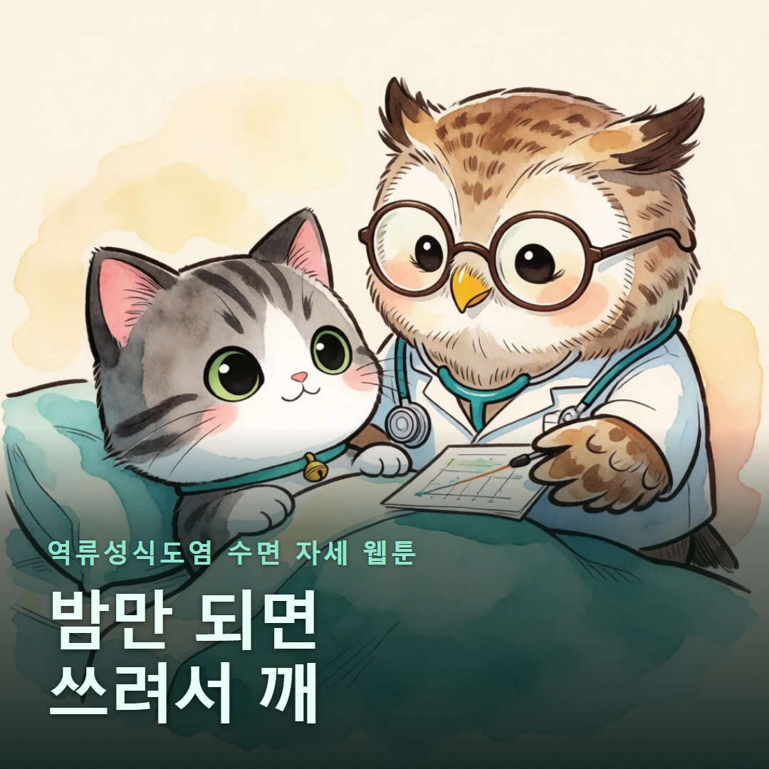 역류성식도염 수면 자세 웹툰 표지 — 밤만 되면 쓰려서 깨