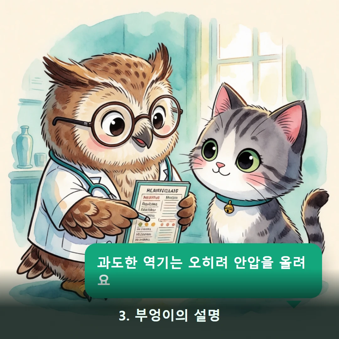 웹툰 3컷 — 3. 부엉이의 설명 (과도한 역기는 오히려 안압을 올려요)