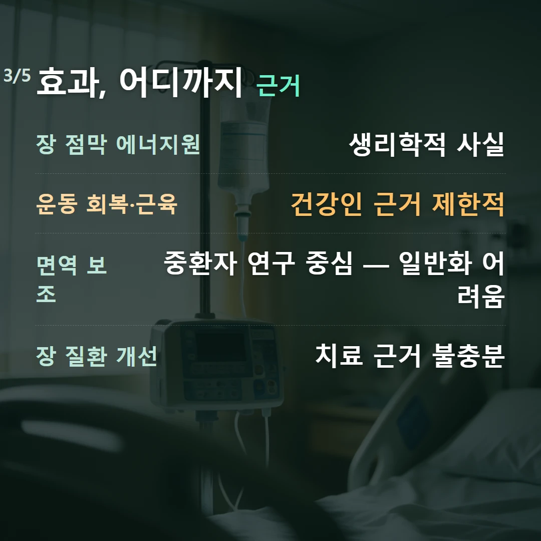 효과, 어디까지 근거 — 장 점막 에너지원 생리학적 사실, 운동 회복·근육 건강인 근거 제한적, 면역 보조 중환자 연구 중심 — 일반화 어려움, 장 질환 개선 치료 근거 불충분