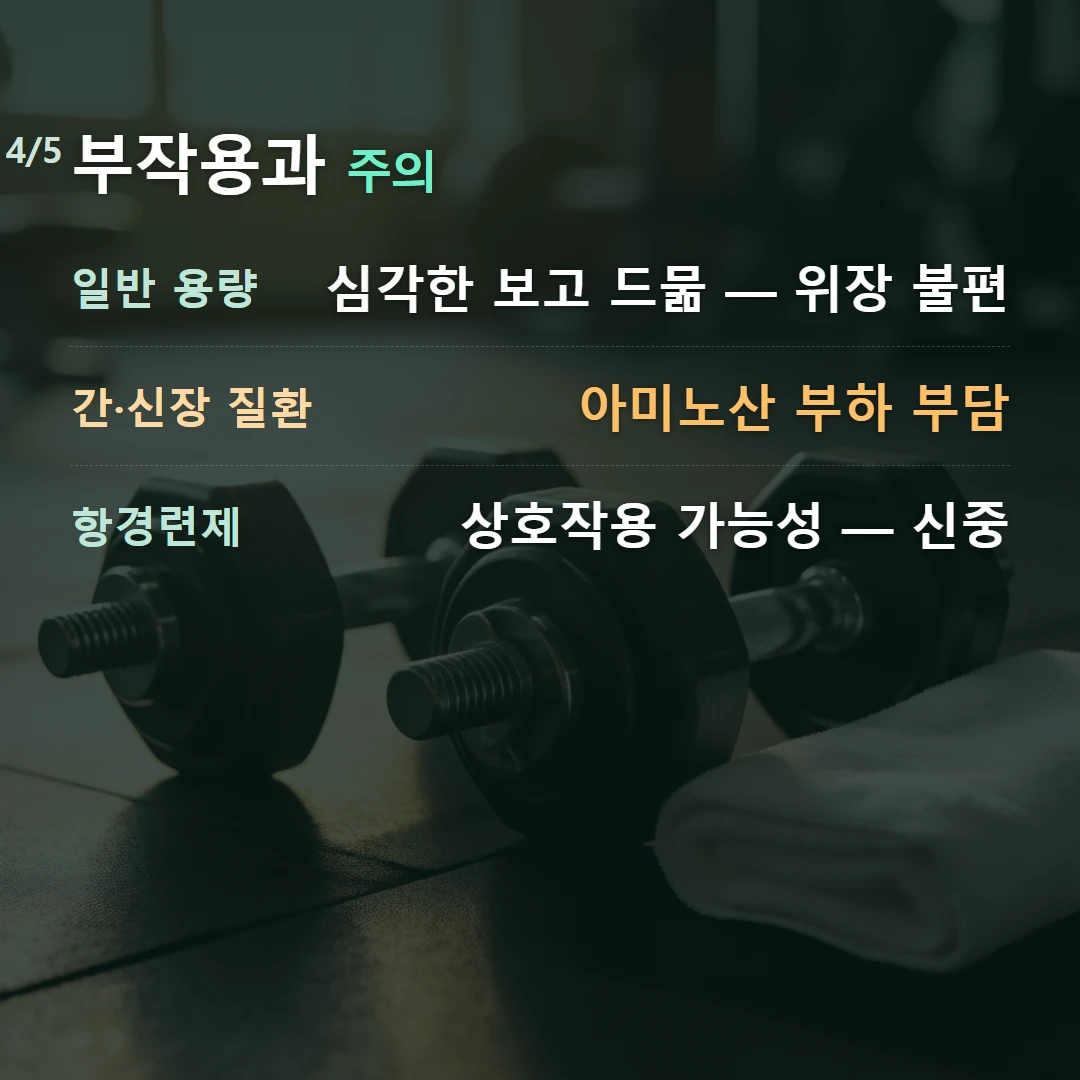 부작용과 주의 — 일반 용량 심각한 보고 드묾 — 위장 불편, 간·신장 질환 아미노산 부하 부담, 항경련제 상호작용 가능성 — 신중