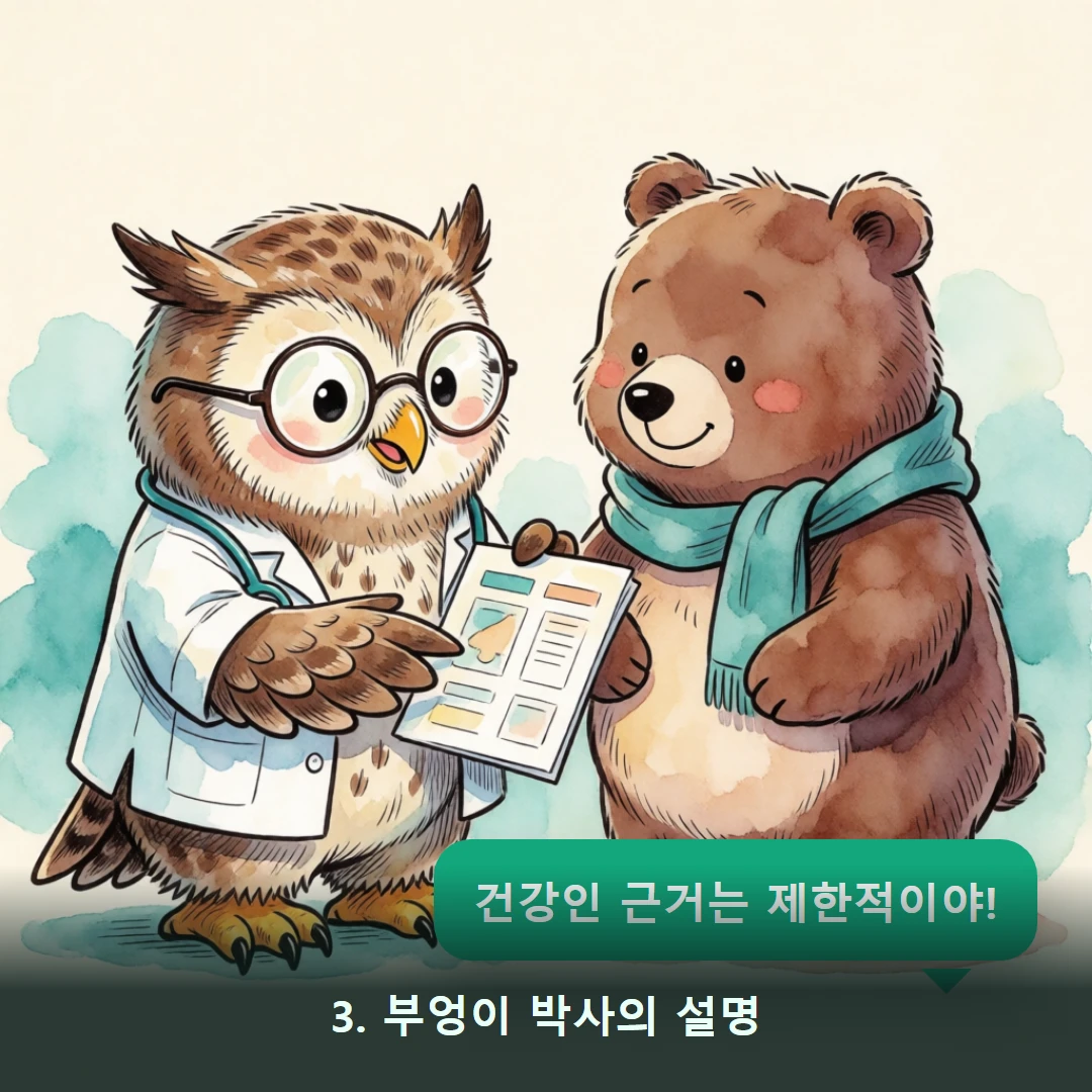 웹툰 3컷 — 3. 부엉이 박사의 설명 (건강인 근거는 제한적이야!)