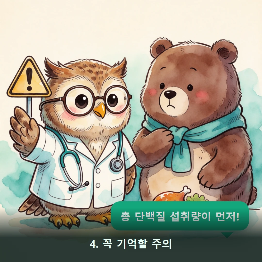 웹툰 4컷 — 4. 꼭 기억할 주의 (총 단백질 섭취량이 먼저!)