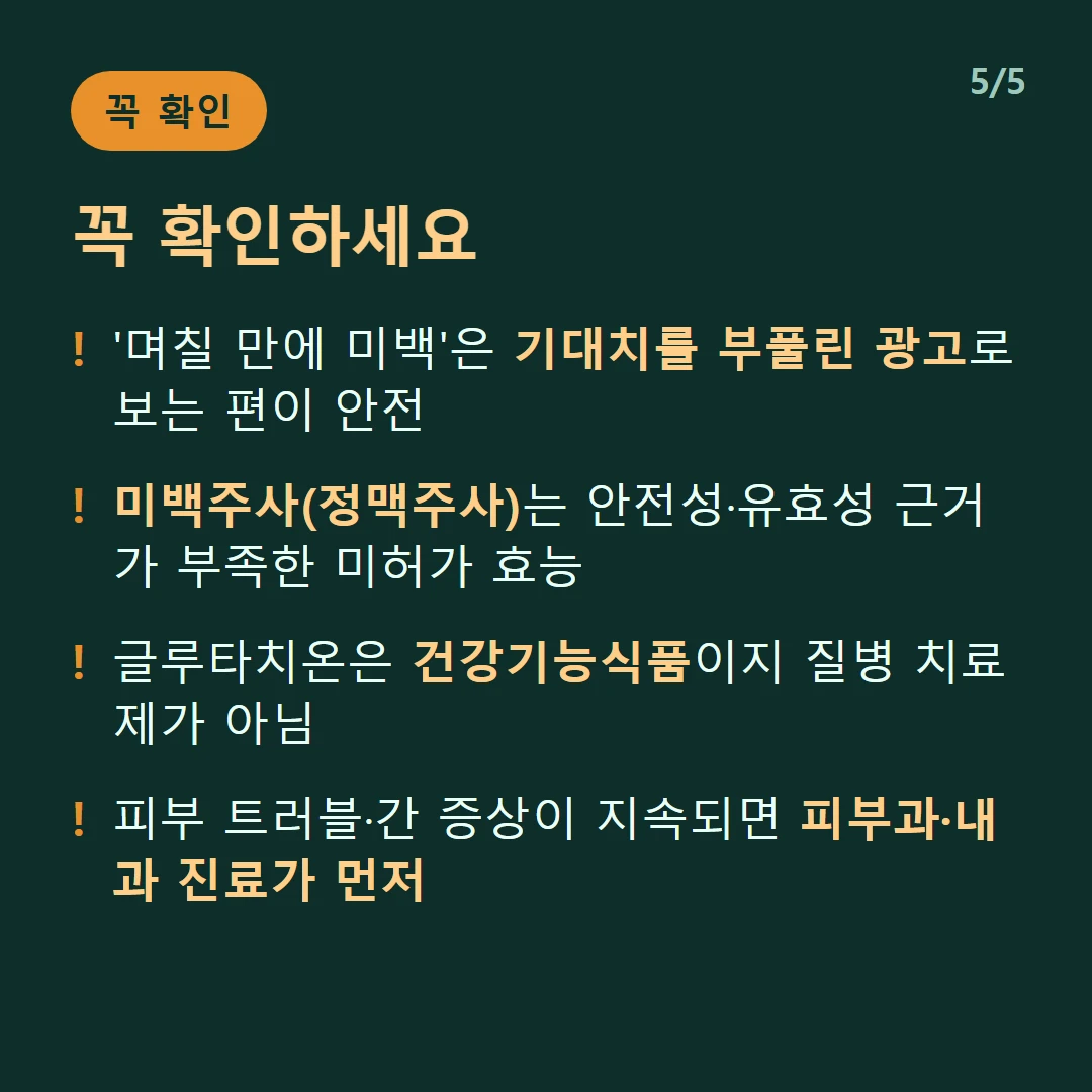 꼭 확인하세요 — '며칠 만에 미백'은 기대치를 부풀린 광고로 보는 편이 안전 / 미백주사(정맥주사)는 안전성·유효성 근거가 부족한 미허가 효능 / 글루타치온은 건강기능식품이지 질병 치료제가 아님 / 피부 트러블·간 증상이 지속되면 피부과·내과 진료가 먼저