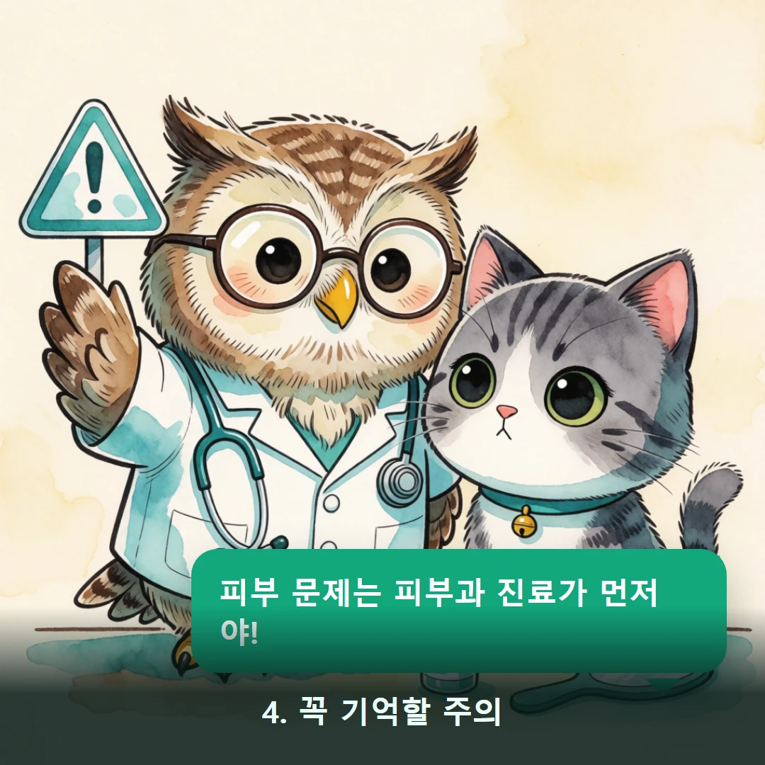웹툰 4컷 — 4. 꼭 기억할 주의 (피부 문제는 피부과 진료가 먼저야!)