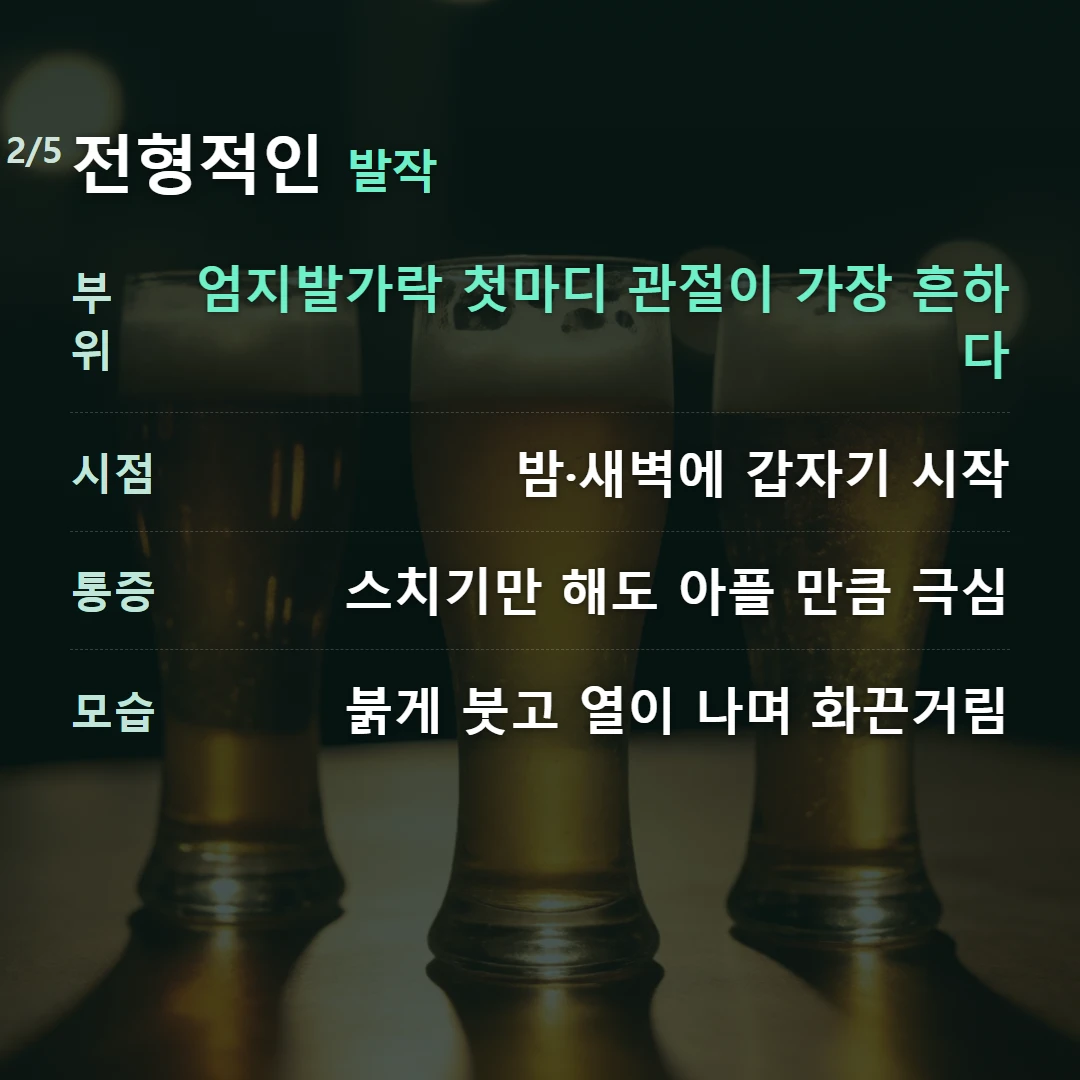 전형적인 발작 — 부위 엄지발가락 첫마디 관절이 가장 흔하다, 시점 밤·새벽에 갑자기 시작, 통증 스치기만 해도 아플 만큼 극심, 모습 붉게 붓고 열이 나며 화끈거림