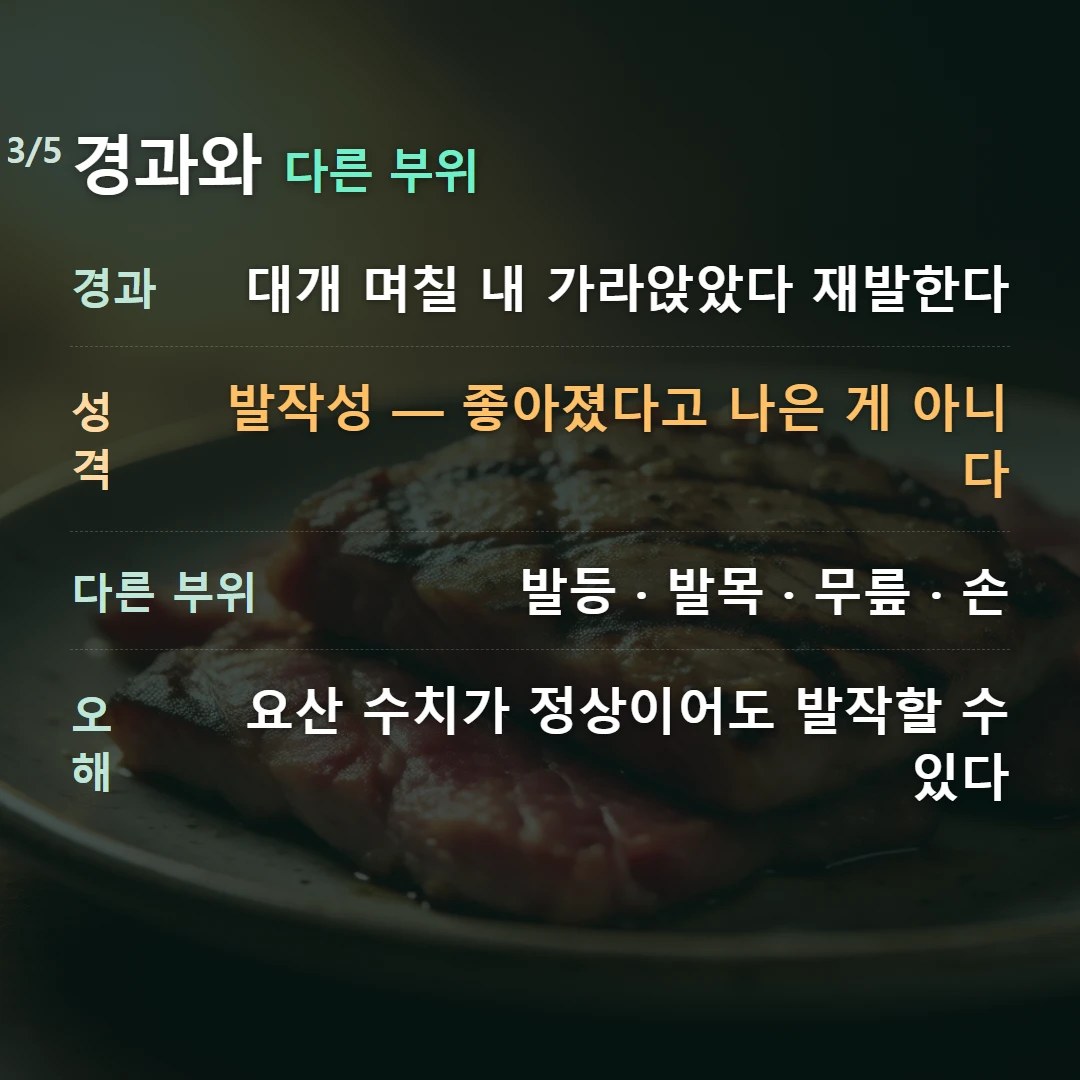 경과와 다른 부위 — 경과 대개 며칠 내 가라앉았다 재발한다, 성격 발작성 — 좋아졌다고 나은 게 아니다, 다른 부위 발등 · 발목 · 무릎 · 손, 오해 요산 수치가 정상이어도 발작할 수 있다