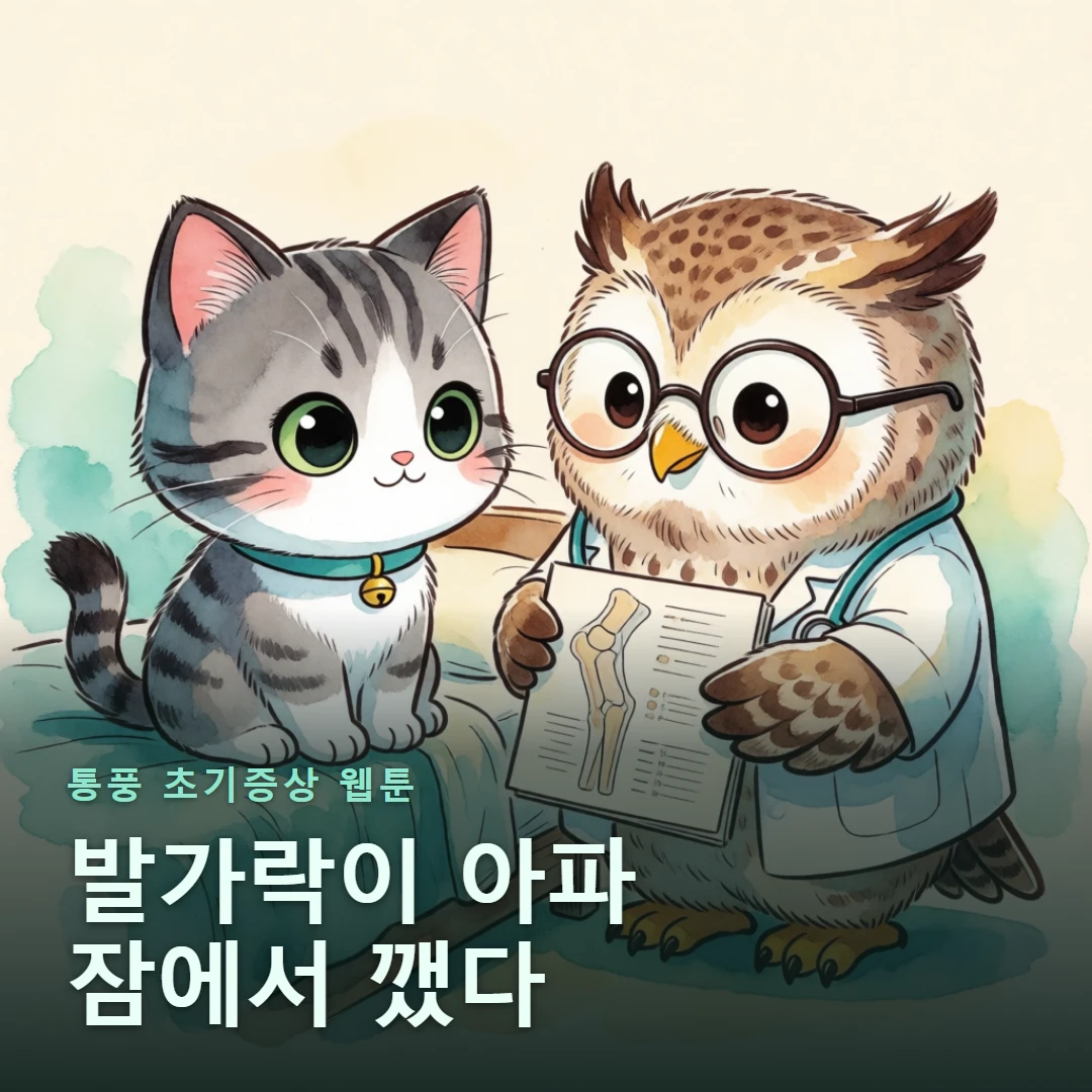통풍 초기증상 웹툰 표지 — 발가락이 아파 잠에서 깼다