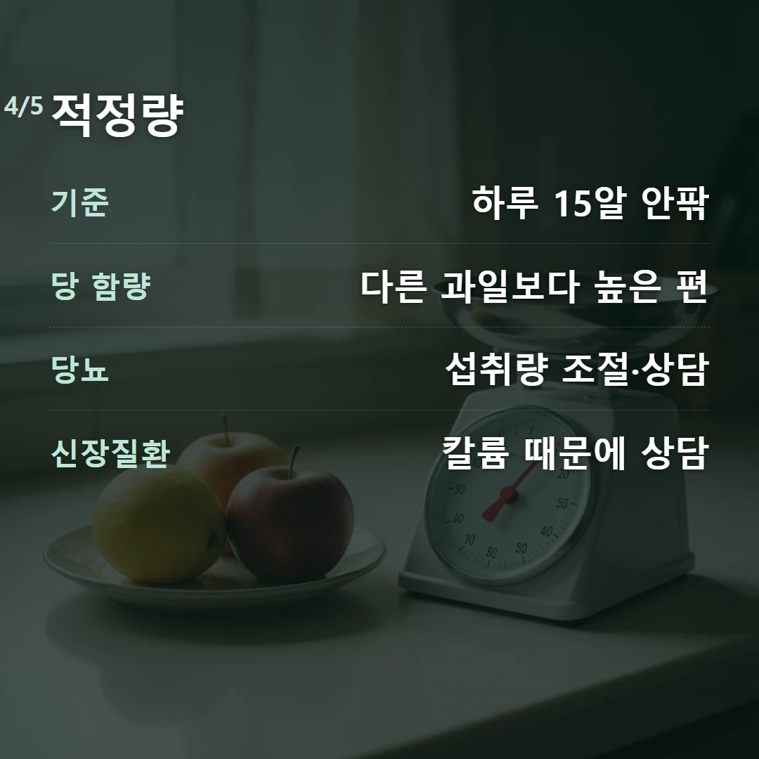 적정량 — 기준 하루 15알 안팎, 당 함량 다른 과일보다 높은 편, 당뇨 섭취량 조절·상담, 신장질환 칼륨 때문에 상담