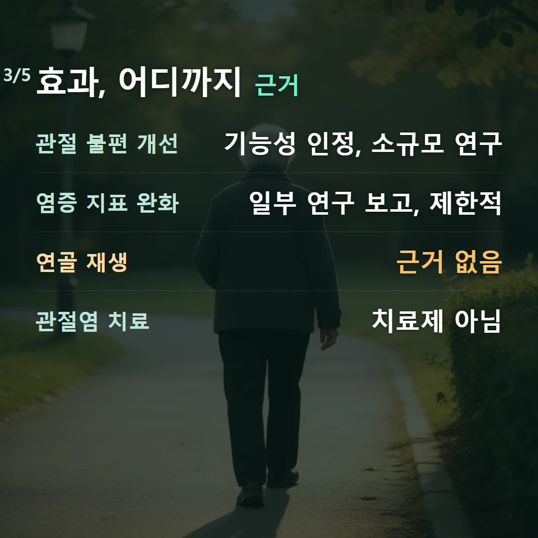 효과, 어디까지 근거 — 관절 불편 개선 기능성 인정, 소규모 연구, 염증 지표 완화 일부 연구 보고, 제한적, 연골 재생 근거 없음, 관절염 치료 치료제 아님
