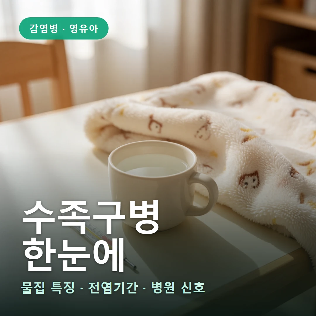 수족구병 요약 표지 — 물집 특징 · 전염기간 · 병원 신호