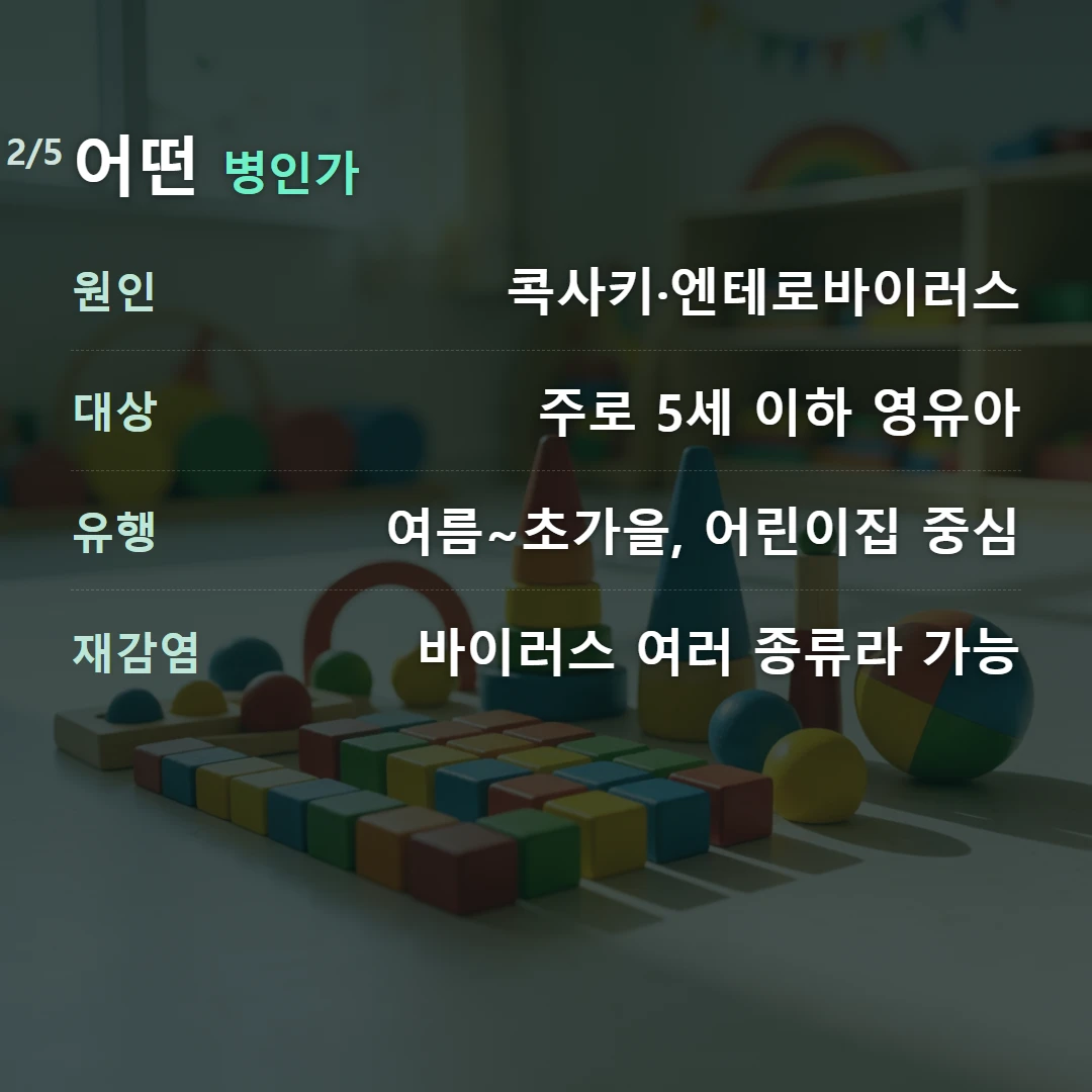 어떤 병인가 — 원인 콕사키·엔테로바이러스, 대상 주로 5세 이하 영유아, 유행 여름~초가을, 어린이집 중심, 재감염 바이러스 여러 종류라 가능