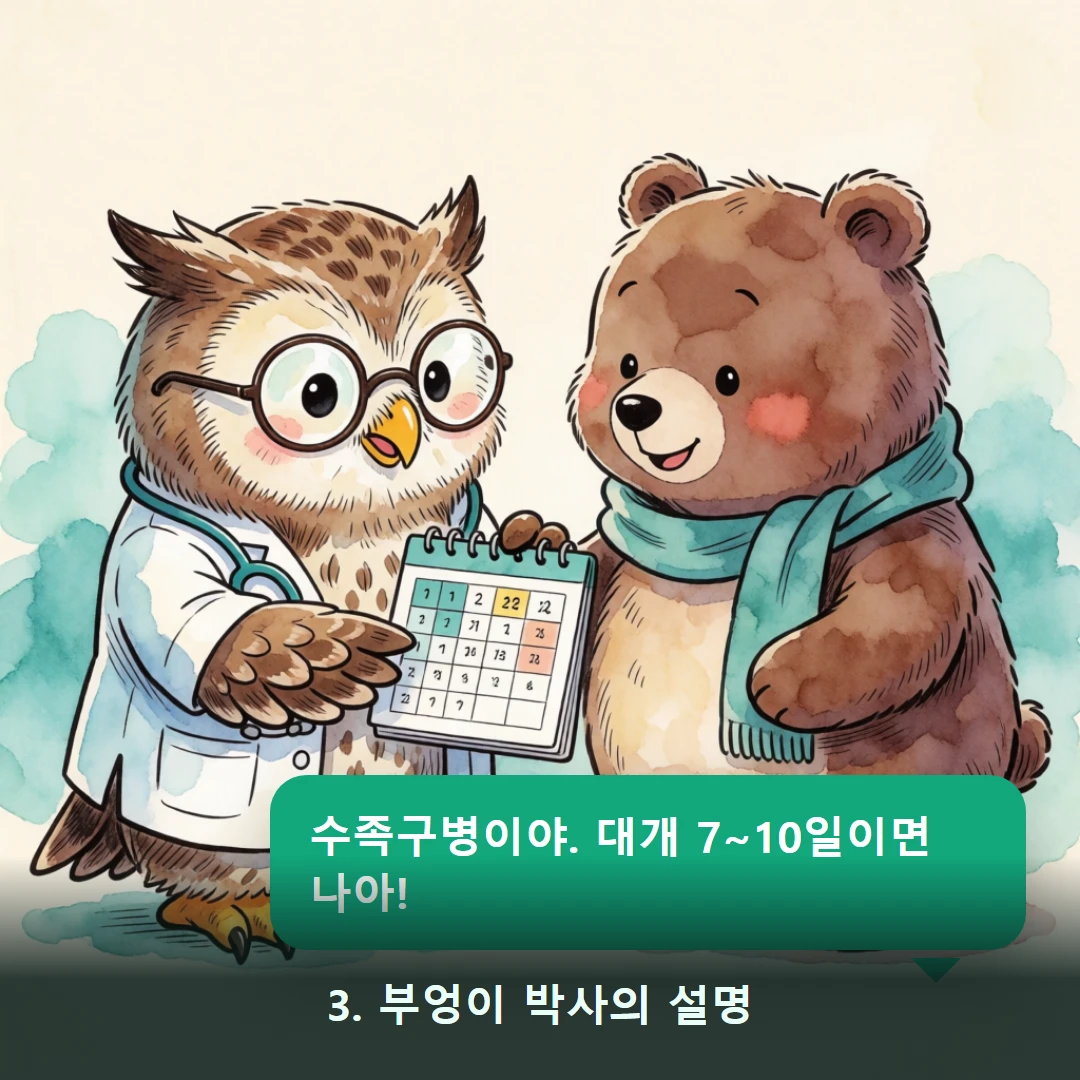 웹툰 3컷 — 3. 부엉이 박사의 설명 (수족구병이야. 대개 7~10일이면 나아!)