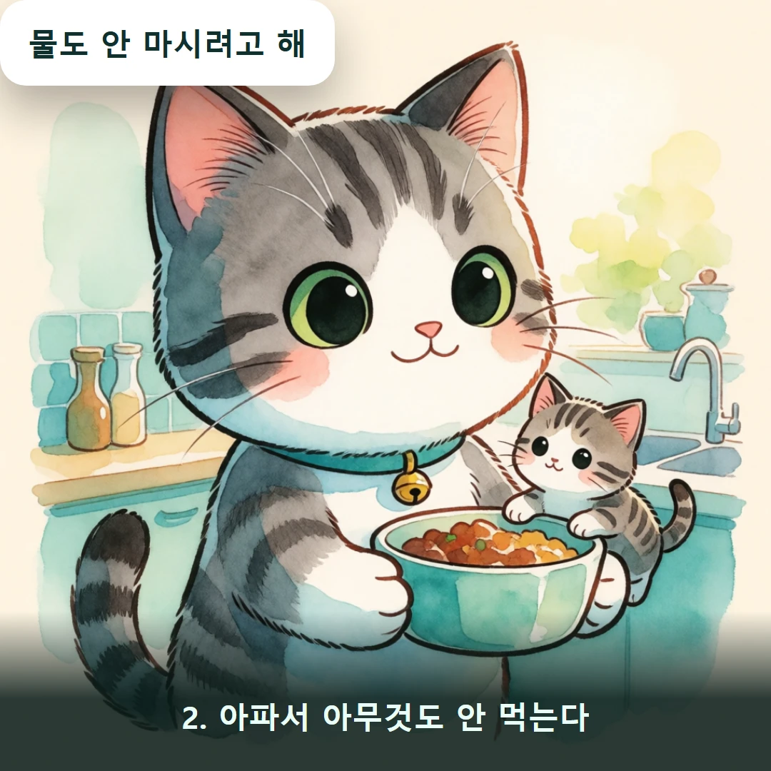 웹툰 2컷 — 2. 아파서 아무것도 안 먹는다 (물도 안 마시려고 해)