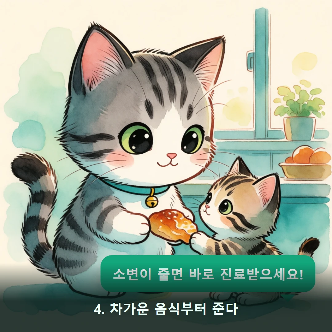 웹툰 4컷 — 4. 차가운 음식부터 준다 (소변이 줄면 바로 진료받으세요!)