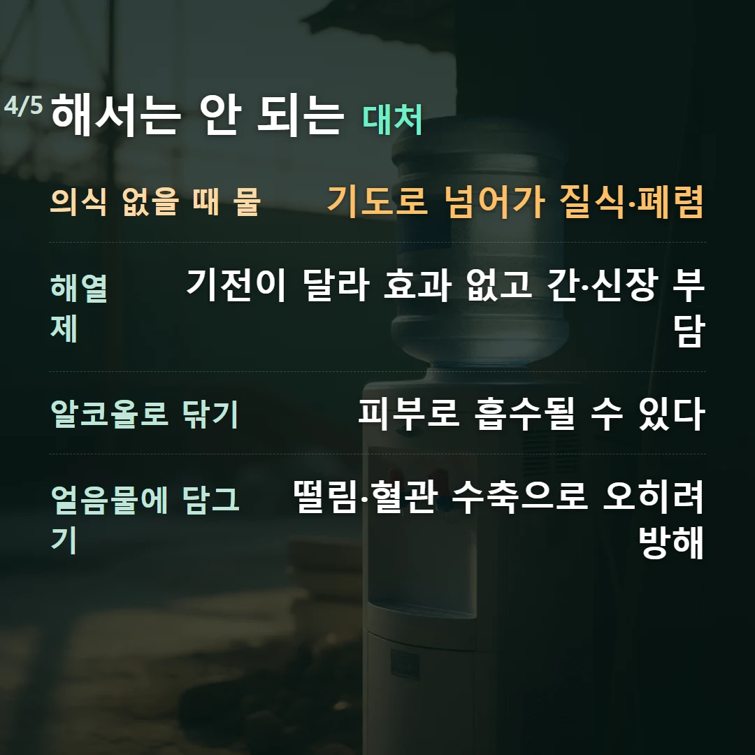 해서는 안 되는 대처 — 의식 없을 때 물 기도로 넘어가 질식·폐렴, 해열제 기전이 달라 효과 없고 간·신장 부담, 알코올로 닦기 피부로 흡수될 수 있다, 얼음물에 담그기 떨림·혈관 수축으로 오히려 방해