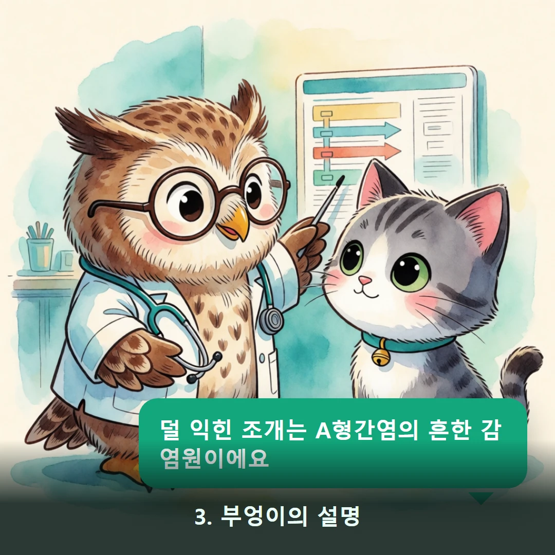 웹툰 3컷 — 3. 부엉이의 설명 (덜 익힌 조개는 A형간염의 흔한 감염원이에요)