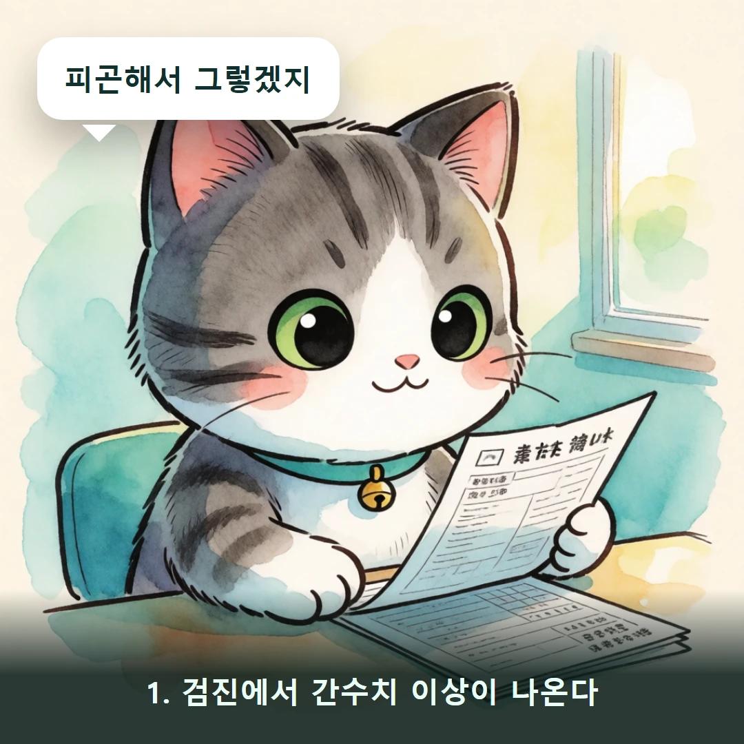 웹툰 1컷 — 1. 검진에서 간수치 이상이 나온다 (피곤해서 그렇겠지)