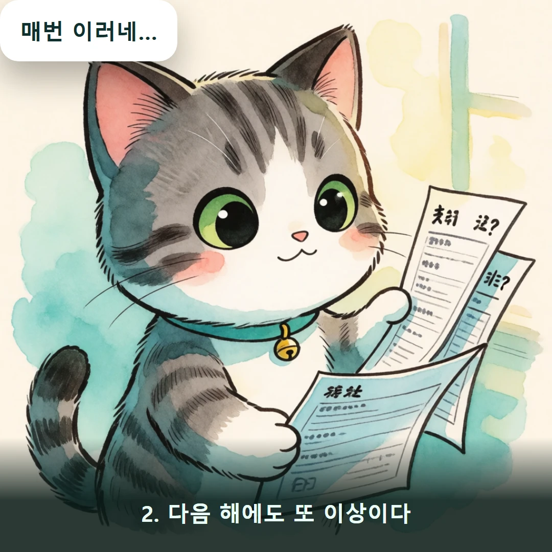 웹툰 2컷 — 2. 다음 해에도 또 이상이다 (매번 이러네…)