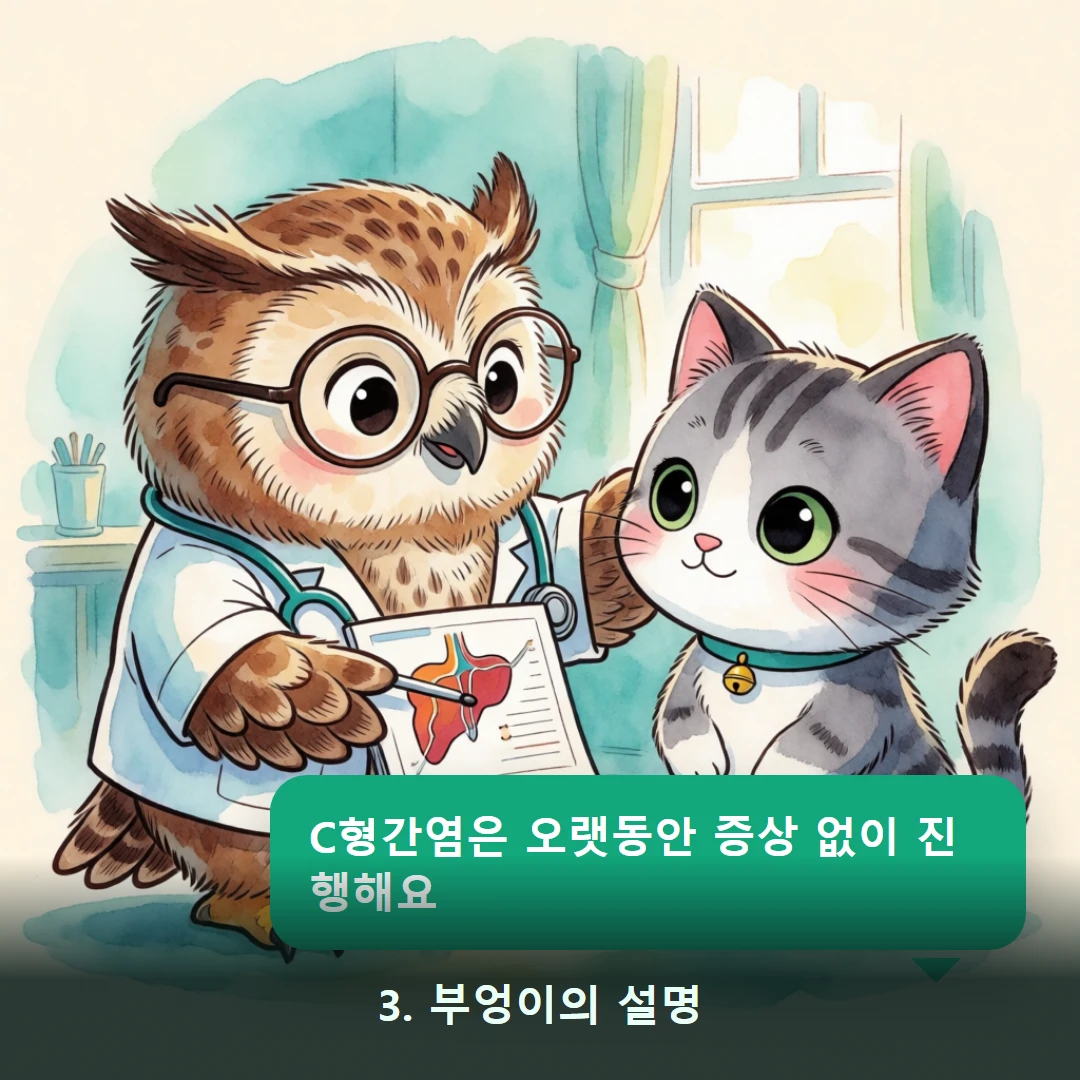 웹툰 3컷 — 3. 부엉이의 설명 (C형간염은 오랫동안 증상 없이 진행해요)
