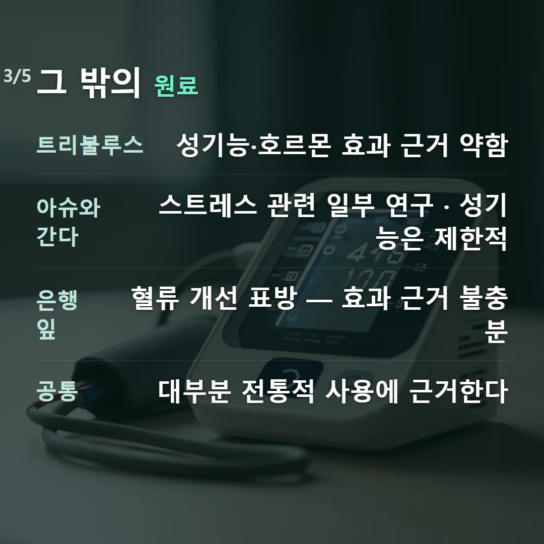 그 밖의 원료 — 트리불루스 성기능·호르몬 효과 근거 약함, 아슈와간다 스트레스 관련 일부 연구 · 성기능은 제한적, 은행잎 혈류 개선 표방 — 효과 근거 불충분, 공통 대부분 전통적 사용에 근거한다
