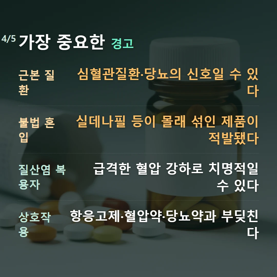 가장 중요한 경고 — 근본 질환 심혈관질환·당뇨의 신호일 수 있다, 불법 혼입 실데나필 등이 몰래 섞인 제품이 적발됐다, 질산염 복용자 급격한 혈압 강하로 치명적일 수 있다, 상호작용 항응고제·혈압약·당뇨약과 부딪친다