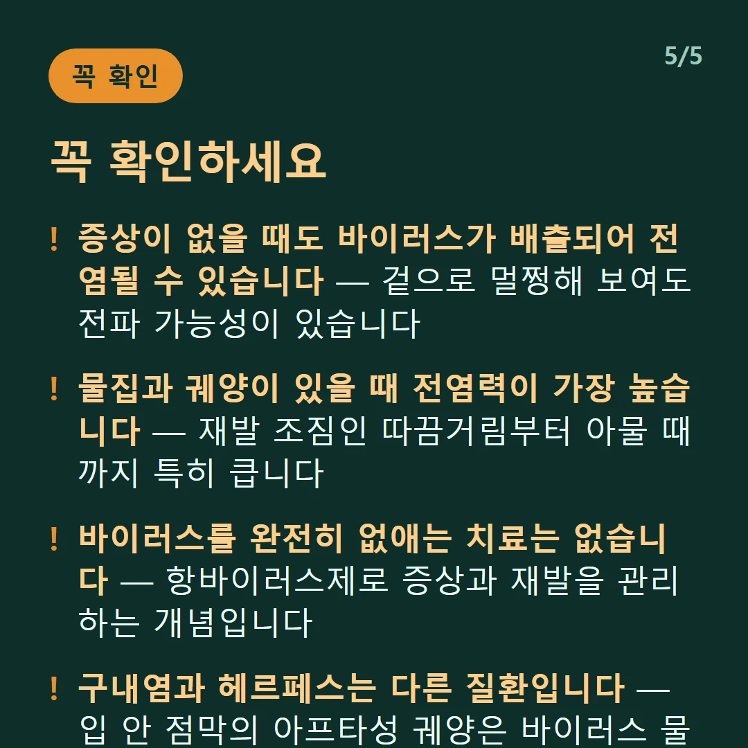꼭 확인하세요 — 증상이 없을 때도 바이러스가 배출되어 전염될 수 있습니다 — 겉으로 멀쩡해 보여도 전파 가능성이 있습니다 / 물집과 궤양이 있을 때 전염력이 가장 높습니다 — 재발 조짐인 따끔거림부터 아물 때까지 특히 큽니다 / 바이러스를 완전히 없애는 치료는 없습니다 — 항바이러스제로 증상과 재발을 관리하는 개념입니다 / 구내염과 헤르페스는 다른 질환입니다 — 입 안 점막의 아프타성 궤양은 바이러스 물집이 아닙니다