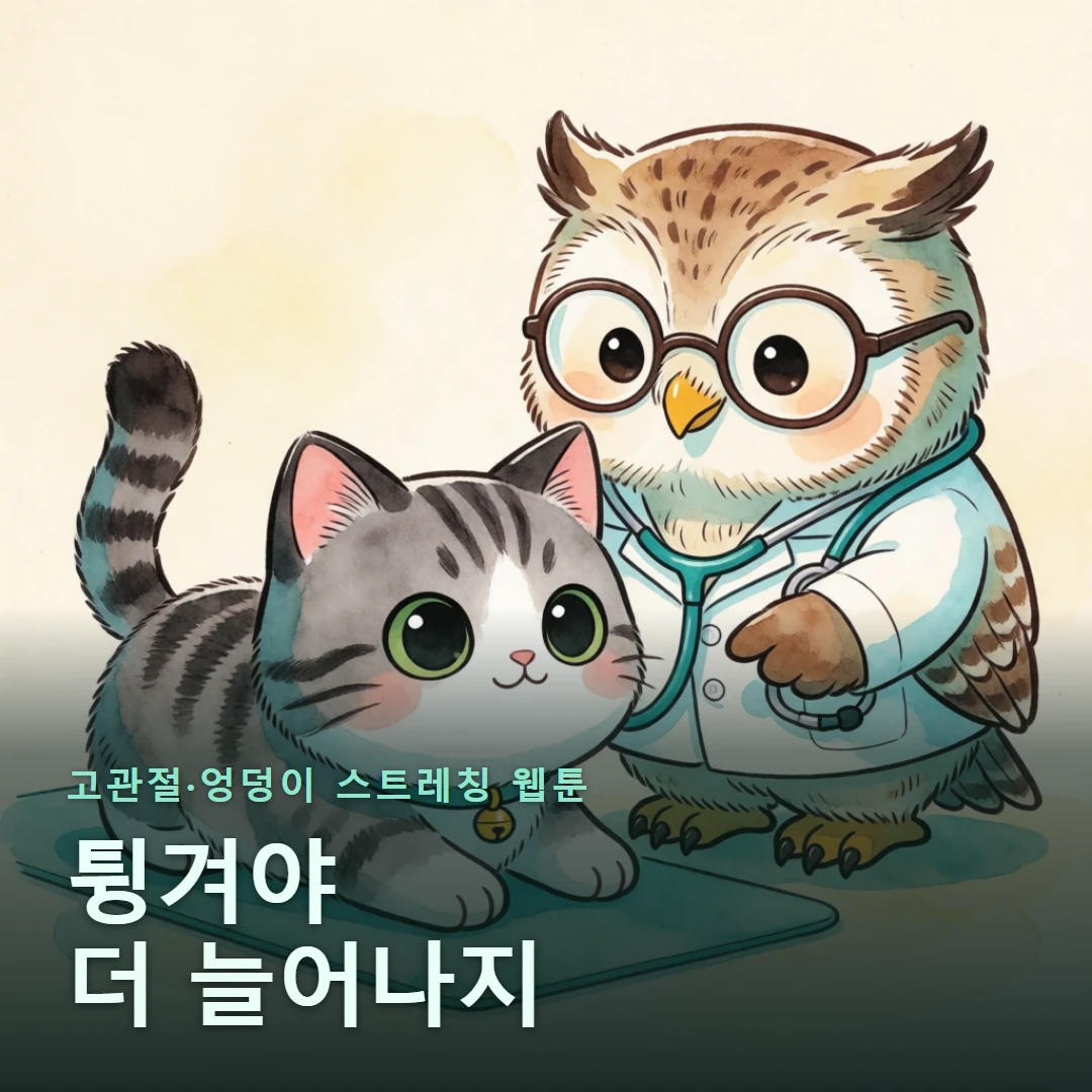 고관절·엉덩이 스트레칭 웹툰 표지 — 튕겨야 더 늘어나지