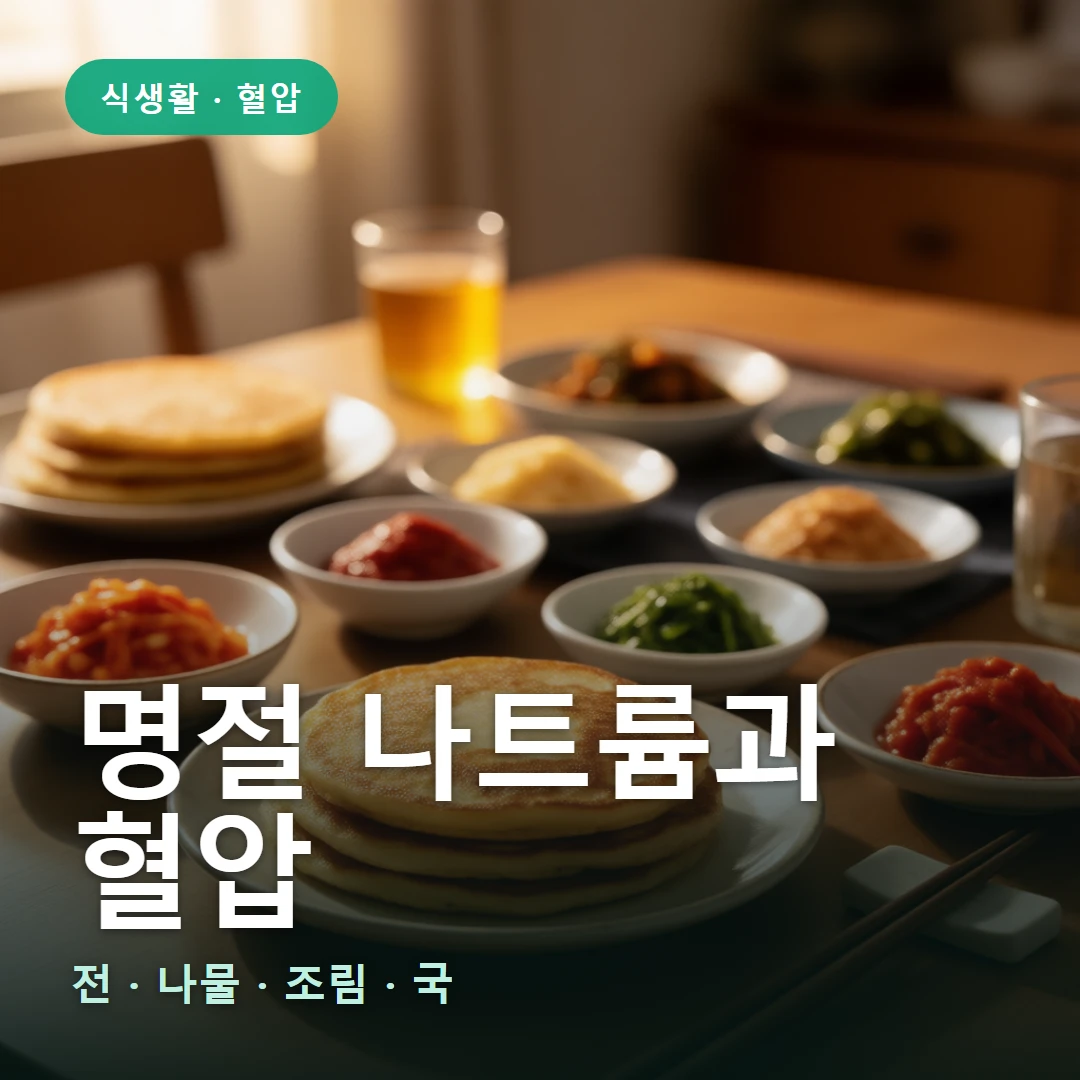 명절 나트륨 요약 표지 — 전 · 나물 · 조림 · 국