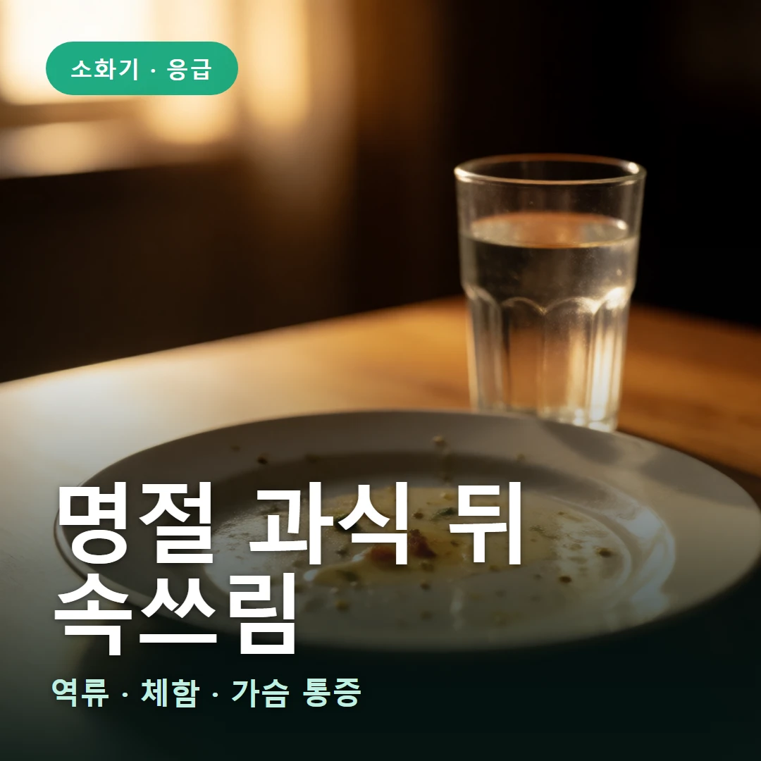 명절 과식 뒤 속쓰림 요약 표지 — 역류 · 체함 · 가슴 통증