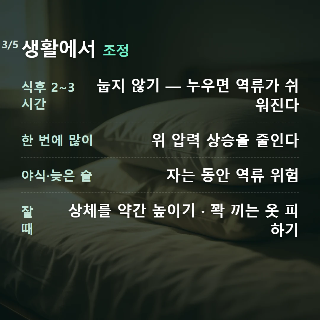 생활에서 조정 — 식후 2~3시간 눕지 않기 — 누우면 역류가 쉬워진다, 한 번에 많이 위 압력 상승을 줄인다, 야식·늦은 술 자는 동안 역류 위험, 잘 때 상체를 약간 높이기 · 꽉 끼는 옷 피하기