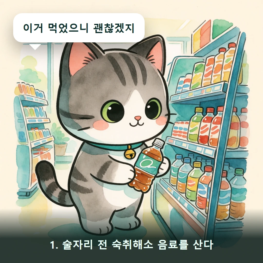 웹툰 1컷 — 1. 술자리 전 숙취해소 음료를 산다 (이거 먹었으니 괜찮겠지)