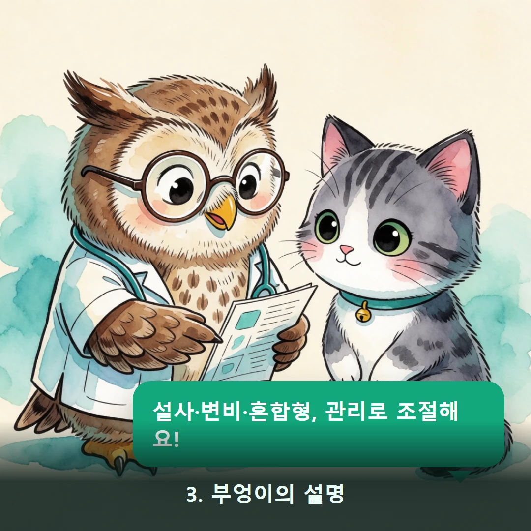 웹툰 3컷 — 3. 부엉이의 설명 (설사·변비·혼합형, 관리로 조절해요!)