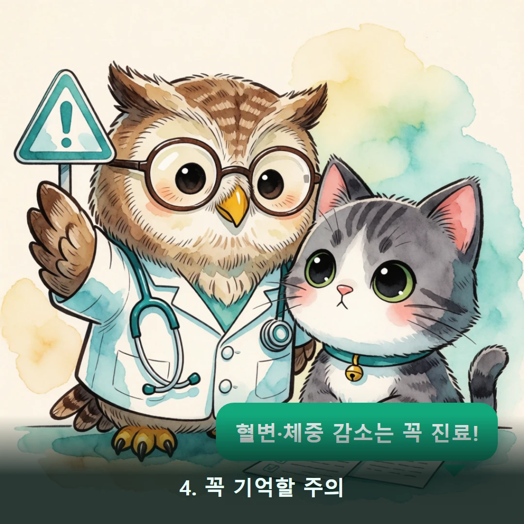 웹툰 4컷 — 4. 꼭 기억할 주의 (혈변·체중 감소는 꼭 진료!)