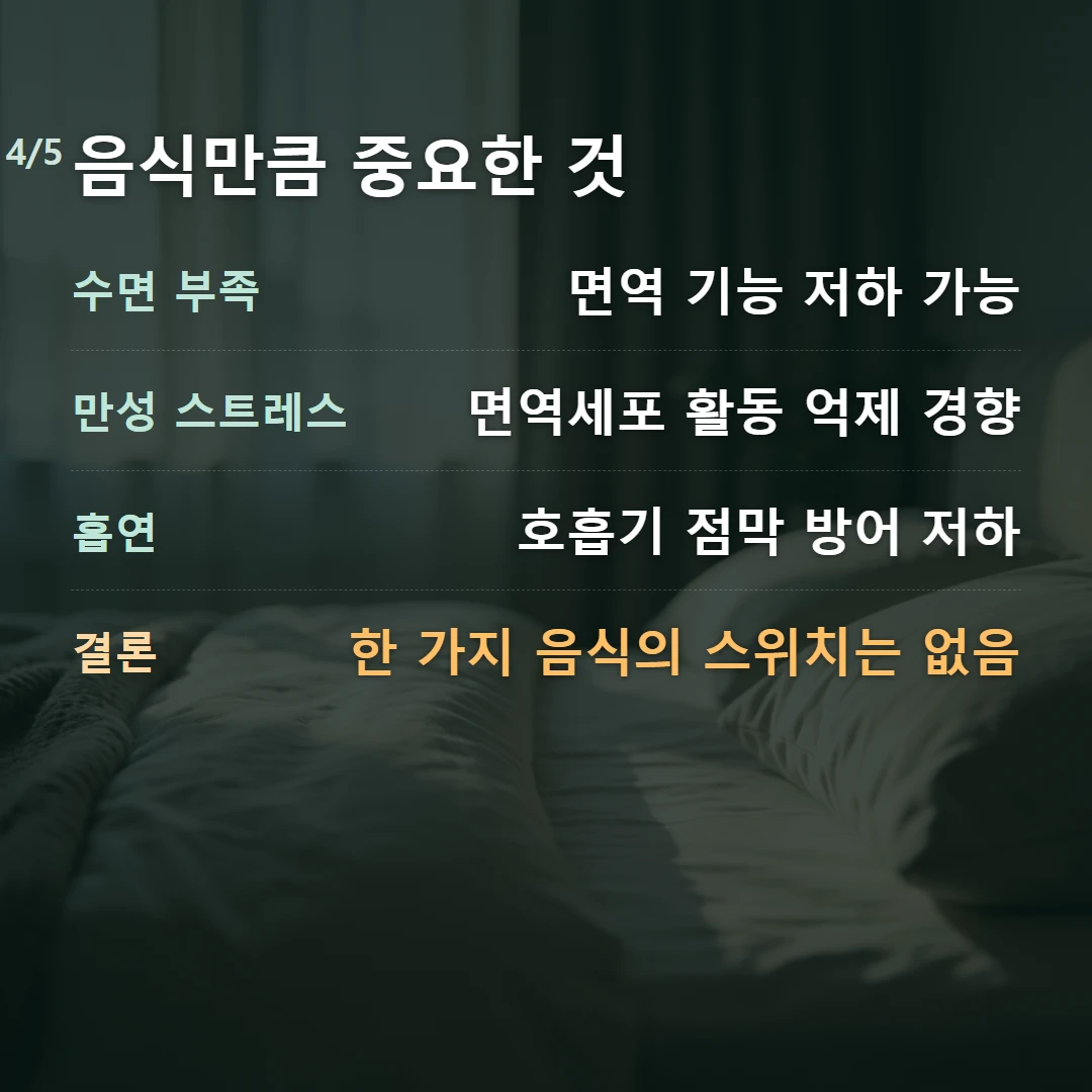 음식만큼 중요한 것 — 수면 부족 면역 기능 저하 가능, 만성 스트레스 면역세포 활동 억제 경향, 흡연 호흡기 점막 방어 저하, 결론 한 가지 음식의 스위치는 없음