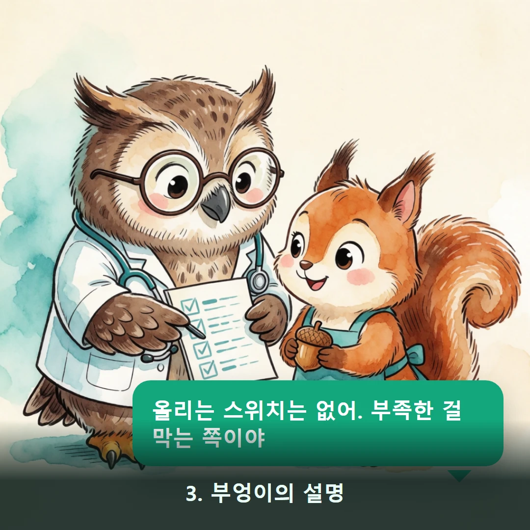 웹툰 3컷 — 3. 부엉이의 설명 (올리는 스위치는 없어. 부족한 걸 막는 쪽이야)