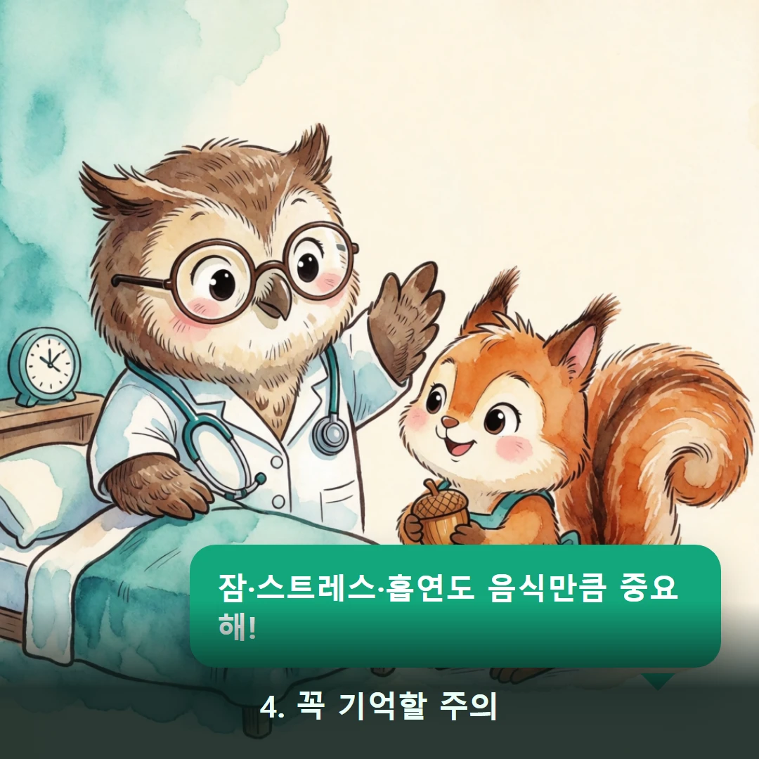 웹툰 4컷 — 4. 꼭 기억할 주의 (잠·스트레스·흡연도 음식만큼 중요해!)