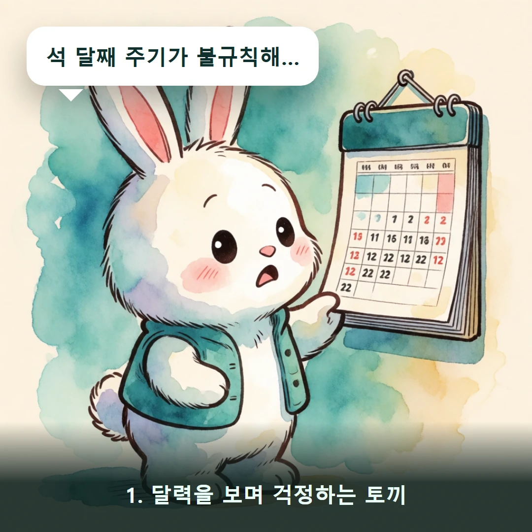웹툰 1컷 — 1. 달력을 보며 걱정하는 토끼 (석 달째 주기가 불규칙해…)