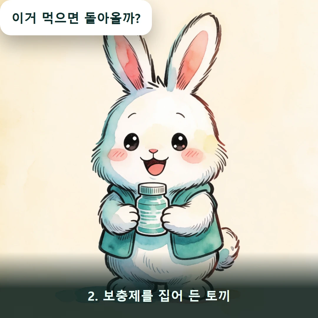 웹툰 2컷 — 2. 보충제를 집어 든 토끼 (이거 먹으면 돌아올까?)
