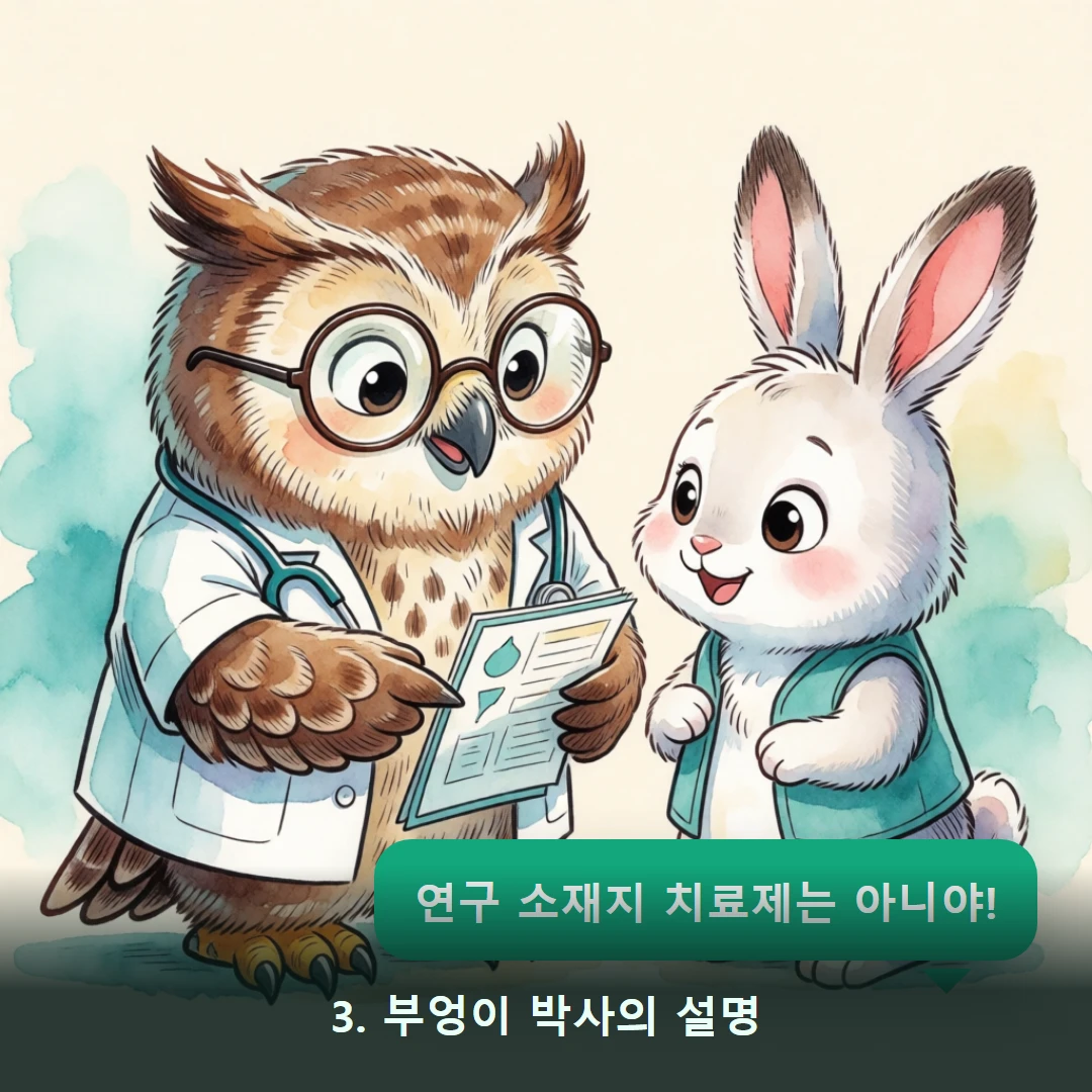 웹툰 3컷 — 3. 부엉이 박사의 설명 (연구 소재지 치료제는 아니야!)