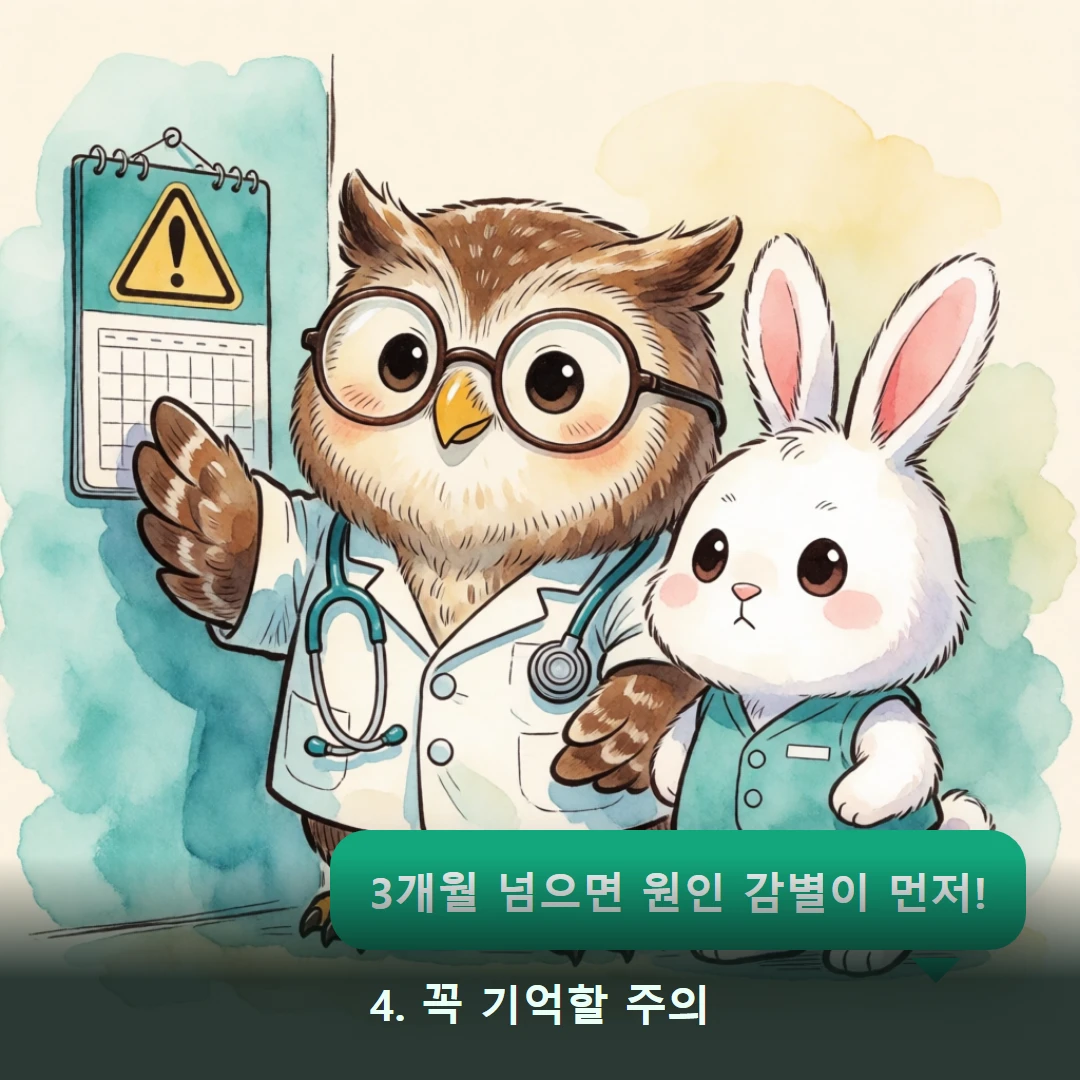 웹툰 4컷 — 4. 꼭 기억할 주의 (3개월 넘으면 원인 감별이 먼저!)