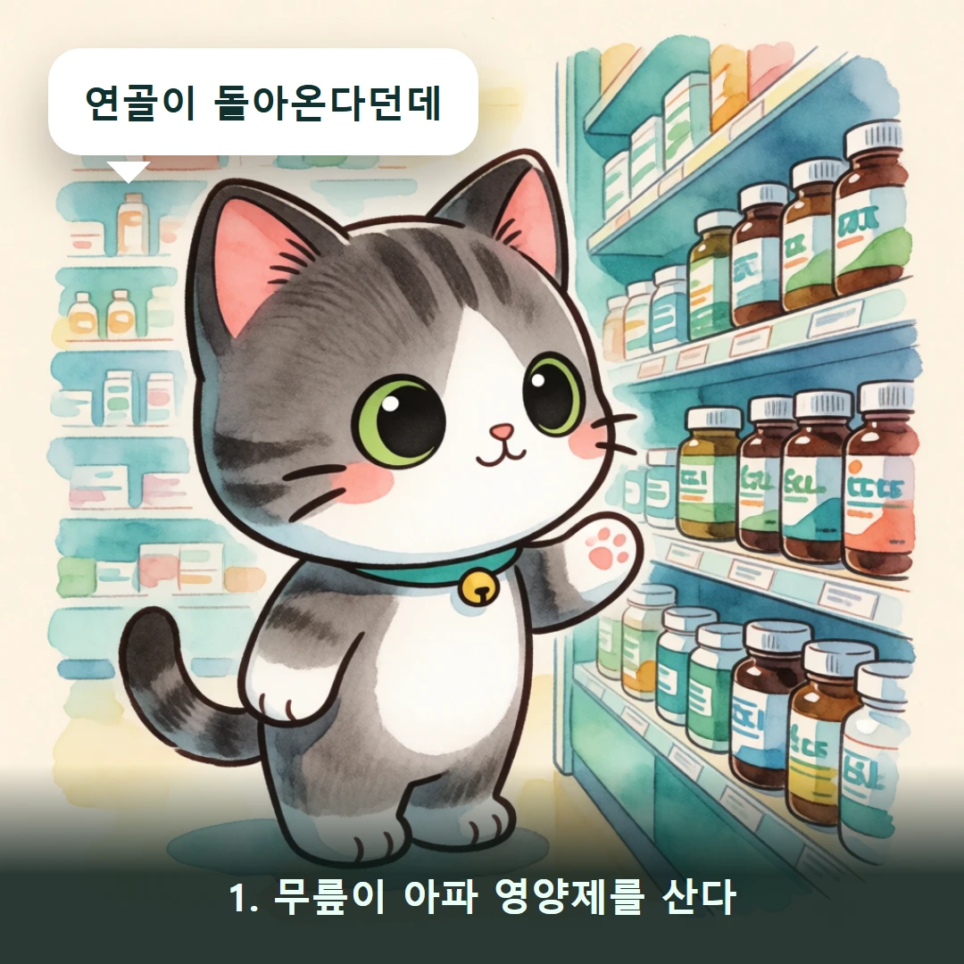 웹툰 1컷 — 1. 무릎이 아파 영양제를 산다 (연골이 돌아온다던데)