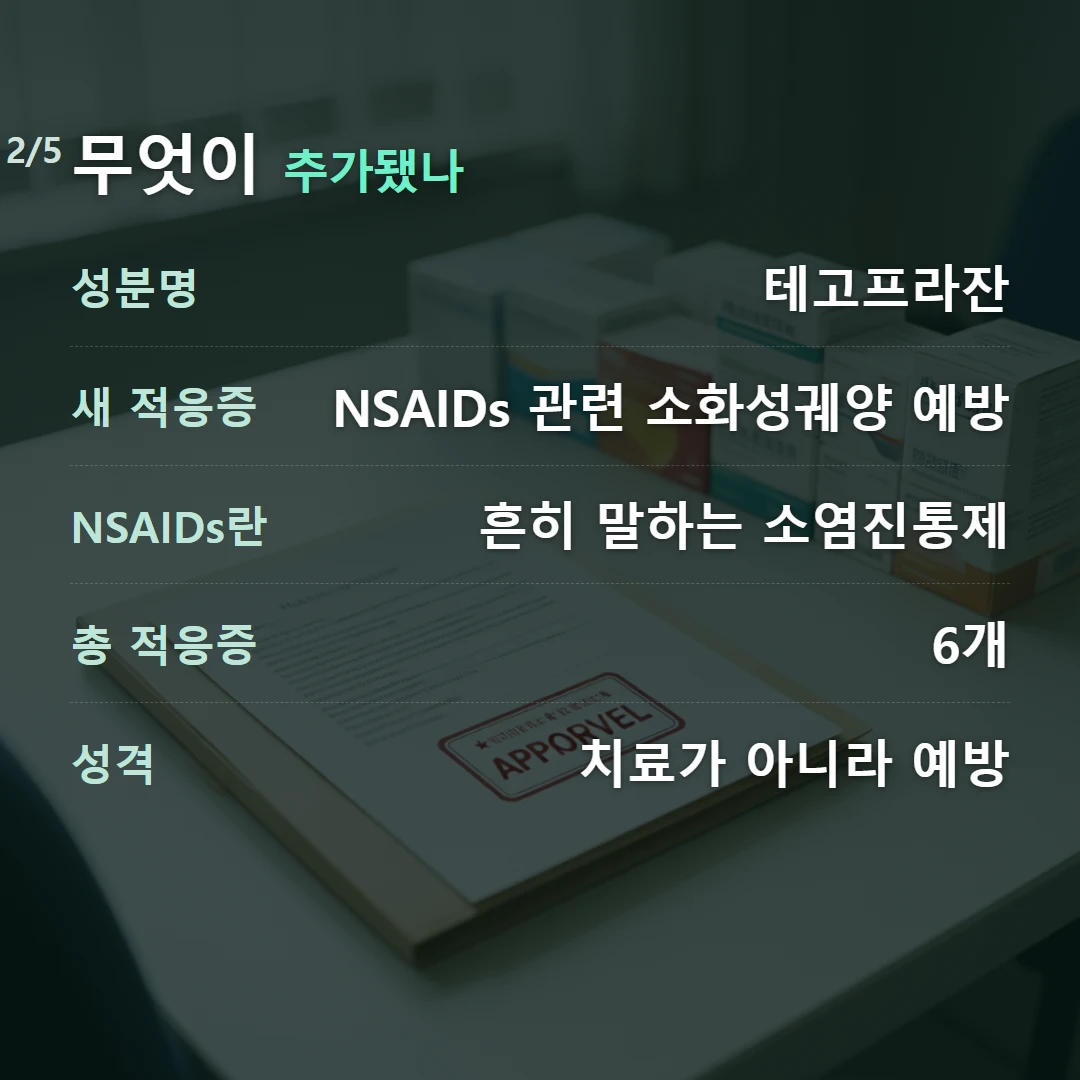 무엇이 추가됐나 — 성분명 테고프라잔, 새 적응증 NSAIDs 관련 소화성궤양 예방, NSAIDs란 흔히 말하는 소염진통제, 총 적응증 6개, 성격 치료가 아니라 예방