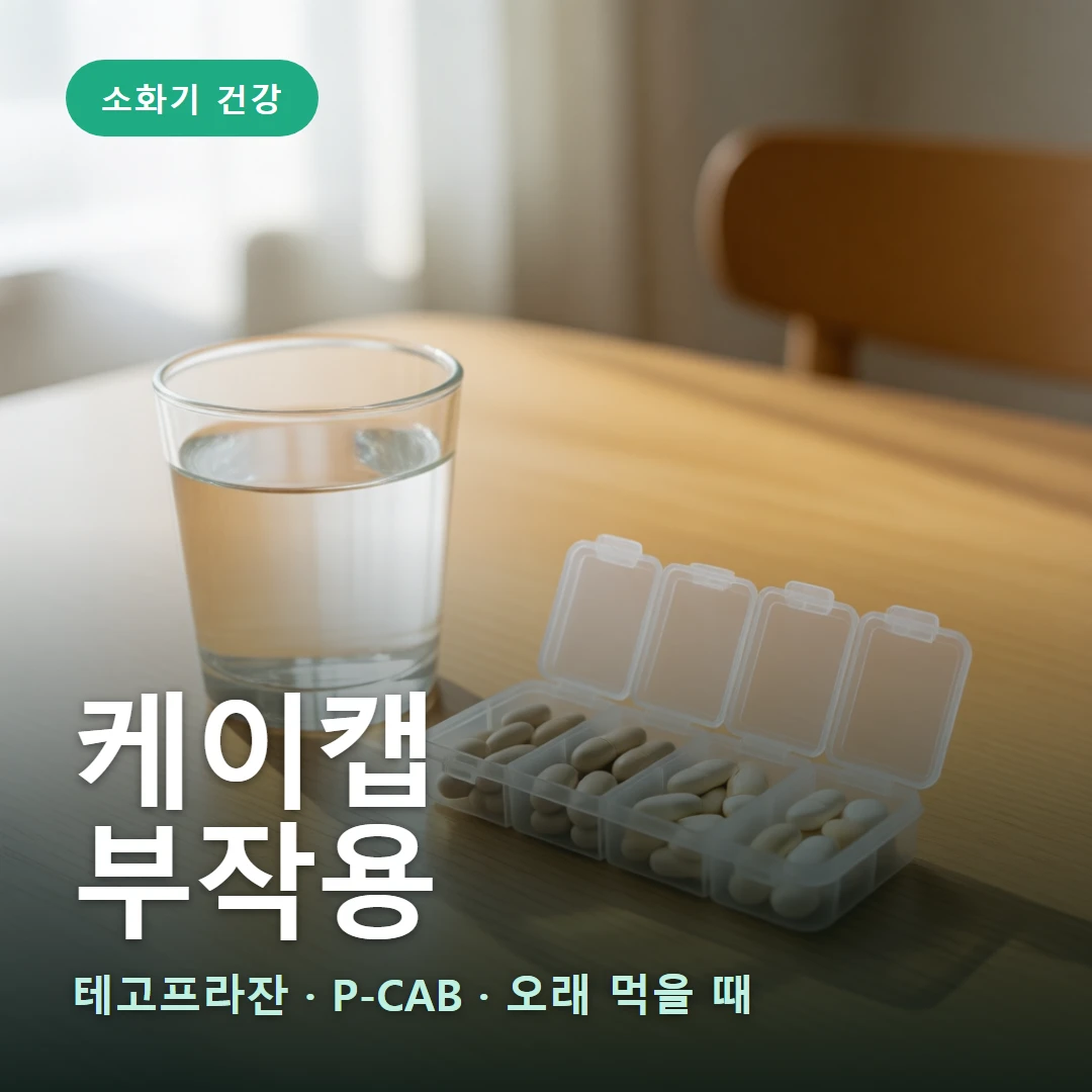 케이캡 부작용 요약 표지 — 테고프라잔 · P-CAB · 오래 먹을 때