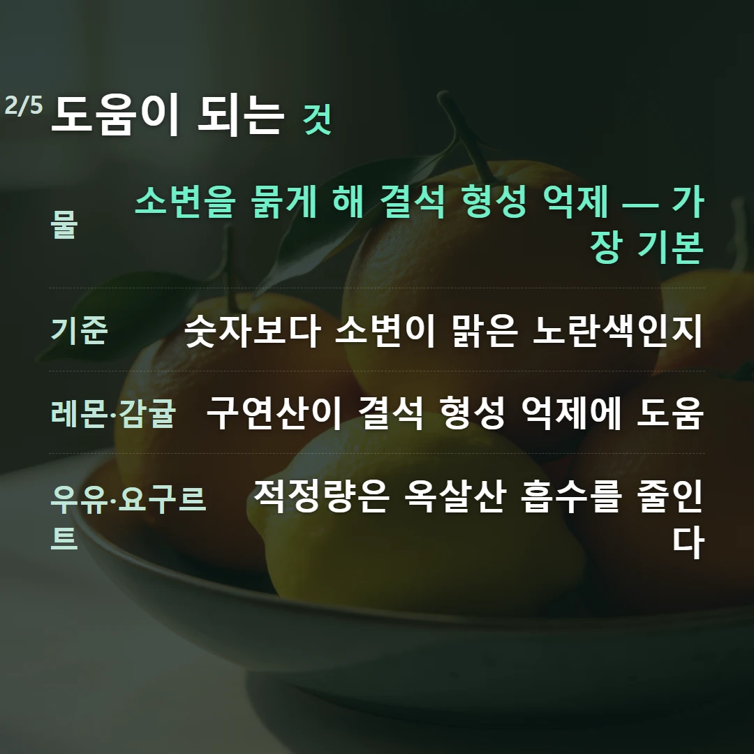 도움이 되는 것 — 물 소변을 묽게 해 결석 형성 억제 — 가장 기본, 기준 숫자보다 소변이 맑은 노란색인지, 레몬·감귤 구연산이 결석 형성 억제에 도움, 우유·요구르트 적정량은 옥살산 흡수를 줄인다