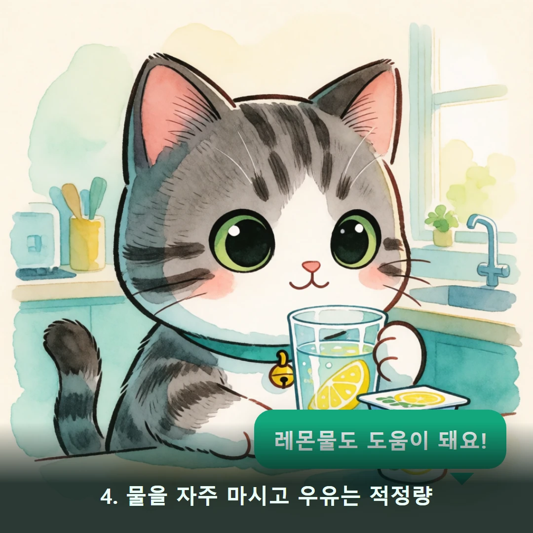 웹툰 4컷 — 4. 물을 자주 마시고 우유는 적정량 (레몬물도 도움이 돼요!)