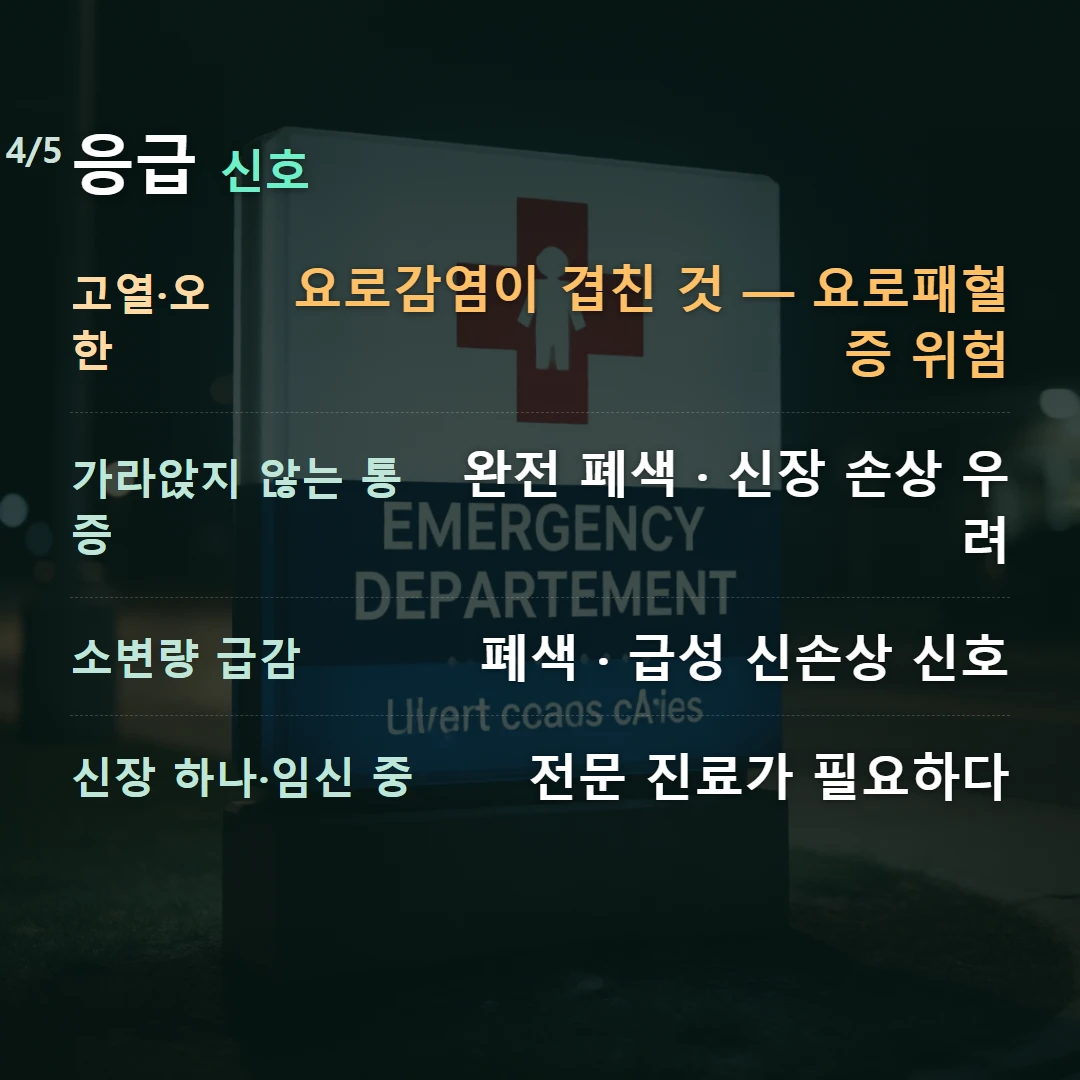 응급 신호 — 고열·오한 요로감염이 겹친 것 — 요로패혈증 위험, 가라앉지 않는 통증 완전 폐색 · 신장 손상 우려, 소변량 급감 폐색 · 급성 신손상 신호, 신장 하나·임신 중 전문 진료가 필요하다