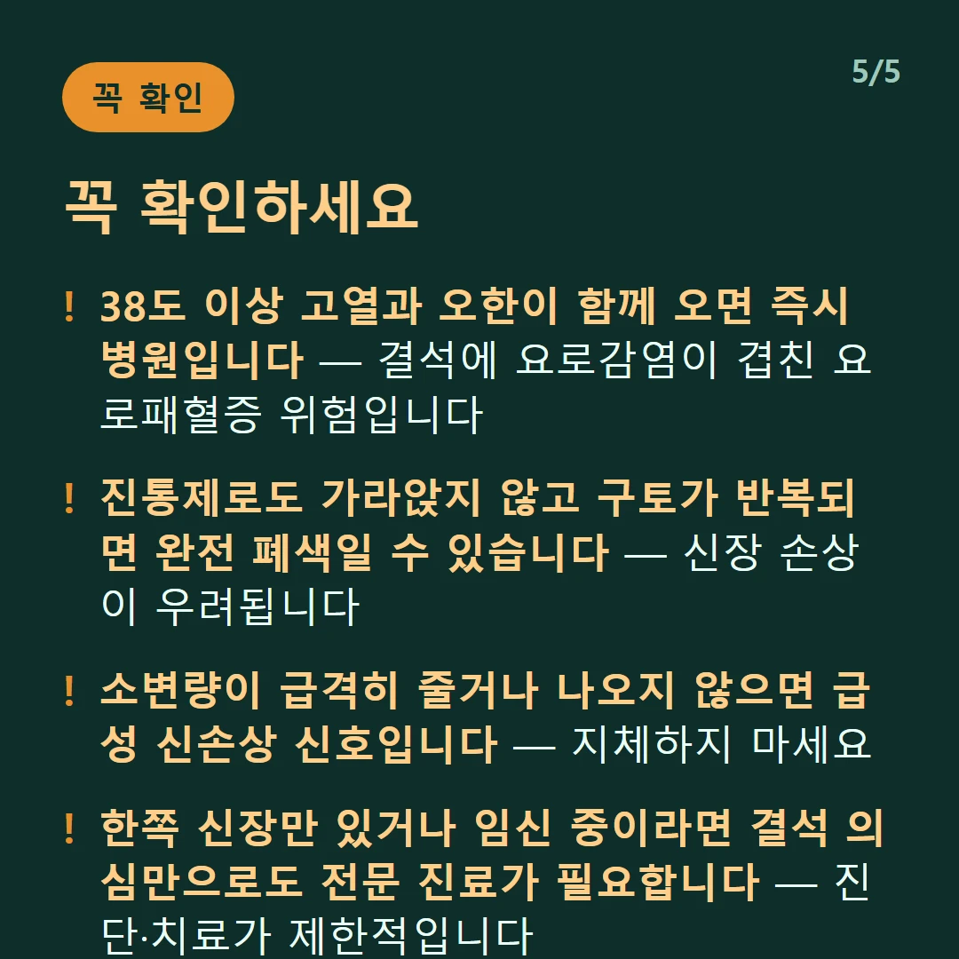 꼭 확인하세요 — 38도 이상 고열과 오한이 함께 오면 즉시 병원입니다 — 결석에 요로감염이 겹친 요로패혈증 위험입니다 / 진통제로도 가라앉지 않고 구토가 반복되면 완전 폐색일 수 있습니다 — 신장 손상이 우려됩니다 / 소변량이 급격히 줄거나 나오지 않으면 급성 신손상 신호입니다 — 지체하지 마세요 / 한쪽 신장만 있거나 임신 중이라면 결석 의심만으로도 전문 진료가 필요합니다 — 진단·치료가 제한적입니다