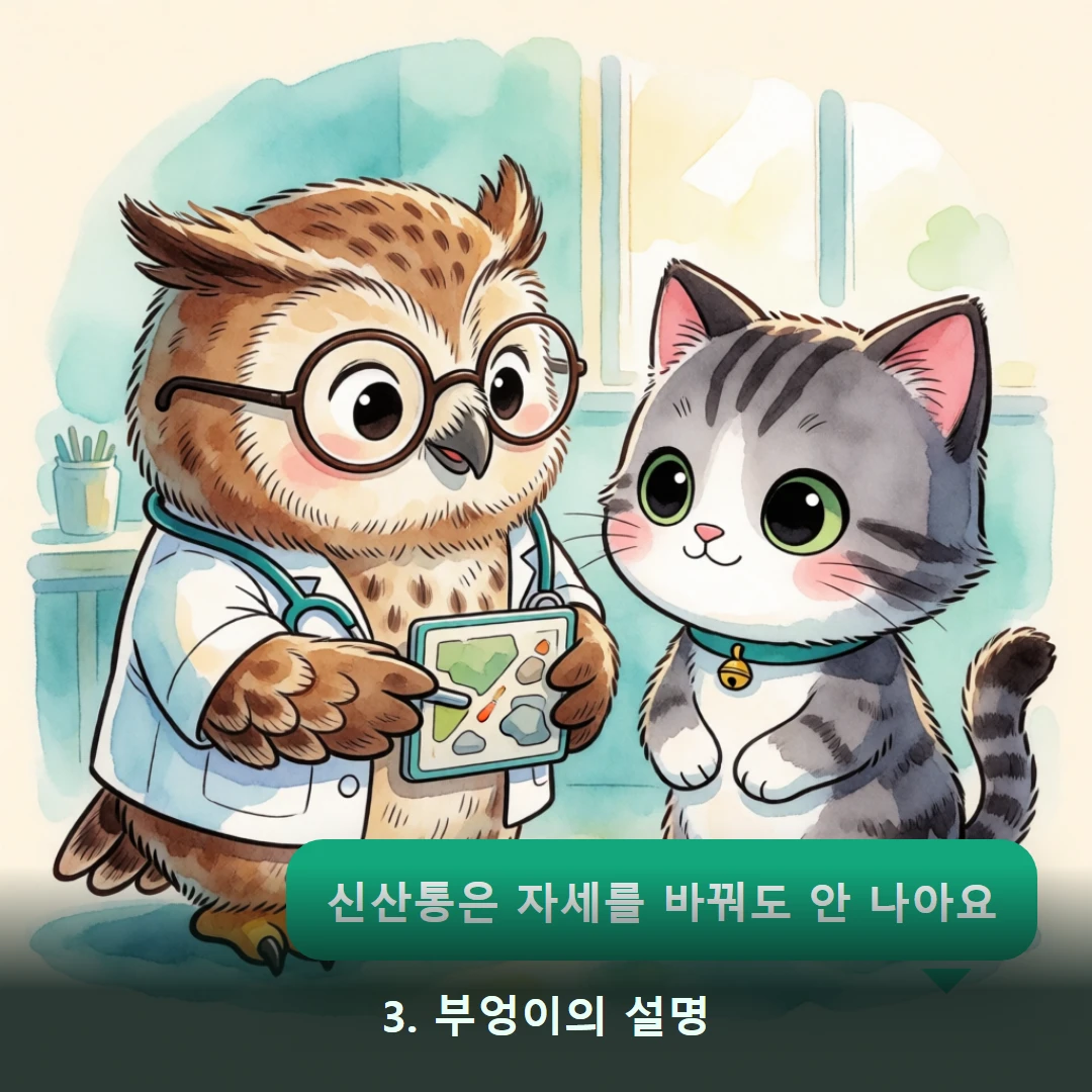웹툰 3컷 — 3. 부엉이의 설명 (신산통은 자세를 바꿔도 안 나아요)