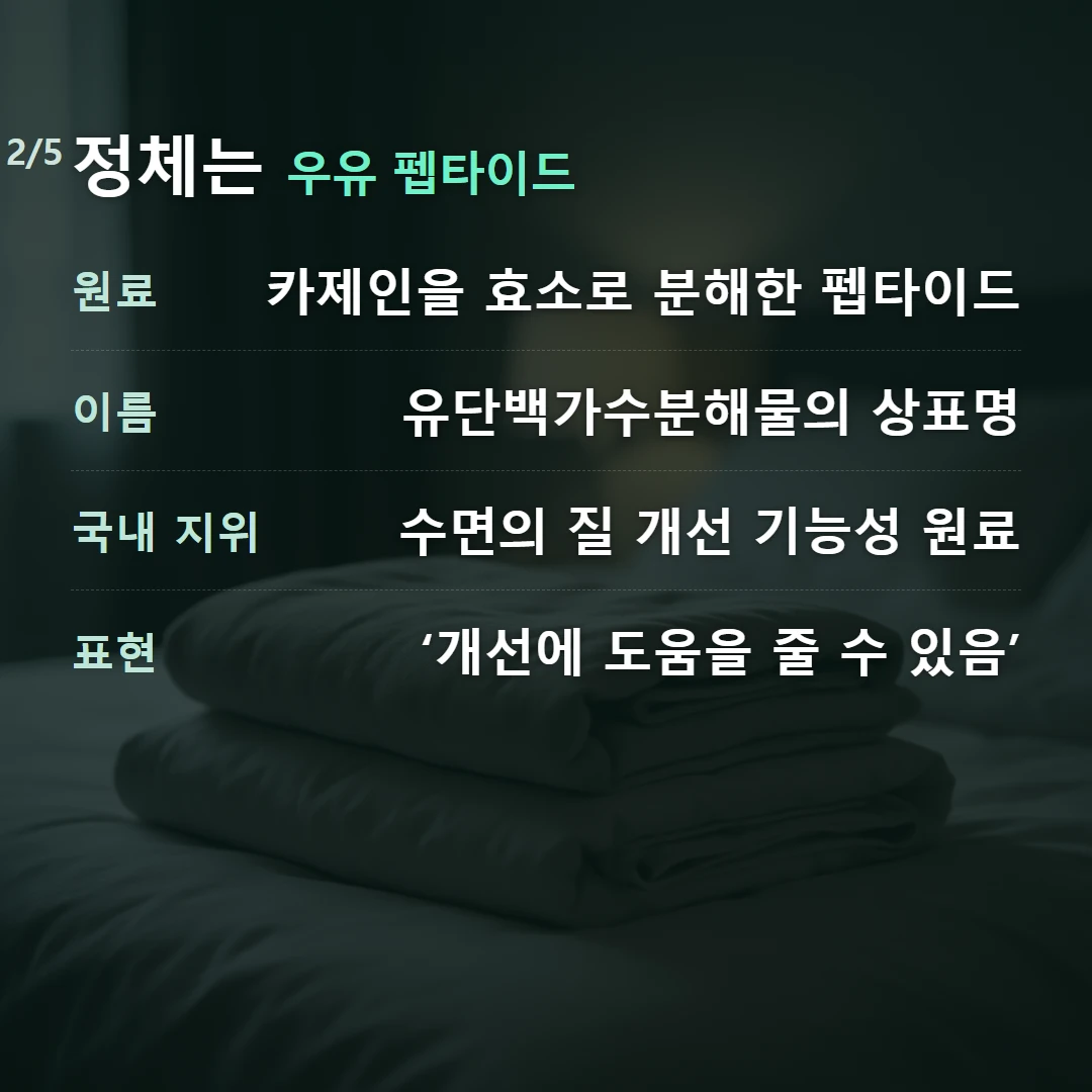 정체는 우유 펩타이드 — 원료 카제인을 효소로 분해한 펩타이드, 이름 유단백가수분해물의 상표명, 국내 지위 수면의 질 개선 기능성 원료, 표현 ‘개선에 도움을 줄 수 있음’